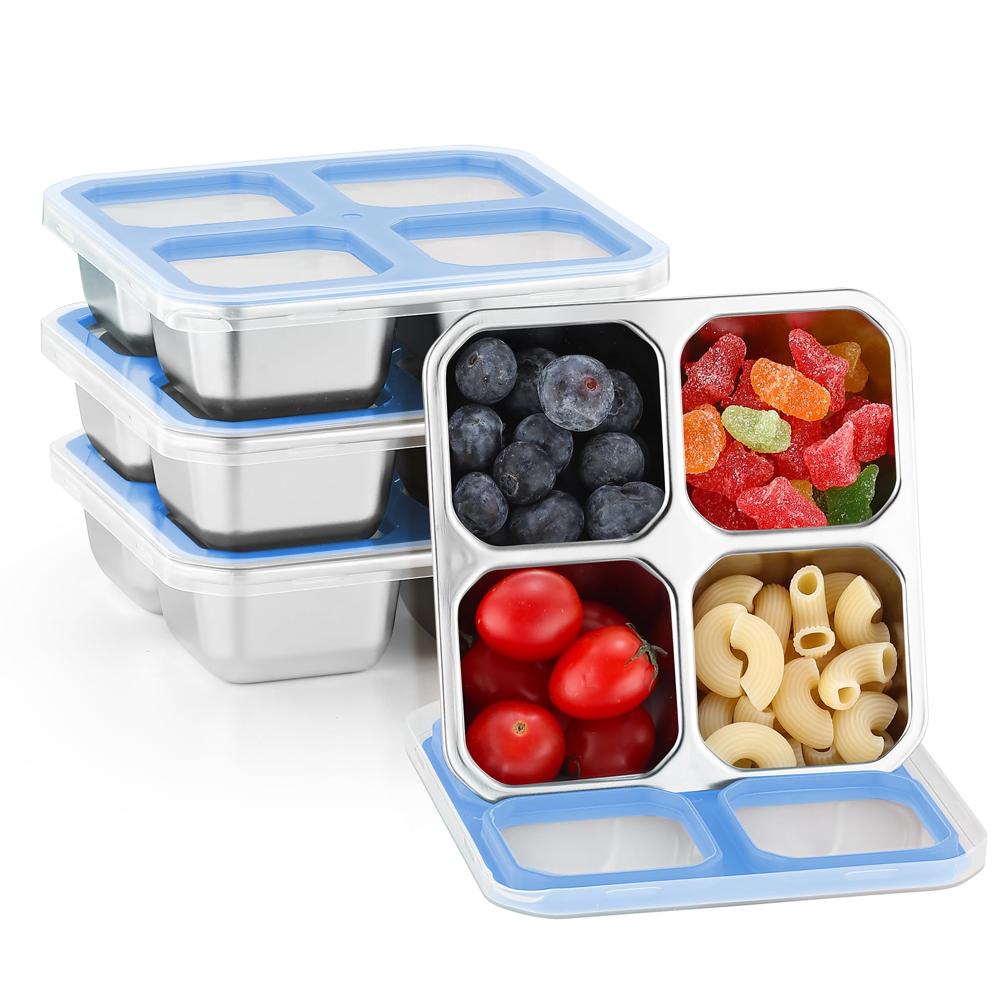 Misichao Stainless Steel Snack Boxes with 4 Compartments | Reusable Snack Containers Small Bento Lunch Box for Kids Adults Divided Meal Prep Containers for School Work and Travel 4 Pack Sky Blue