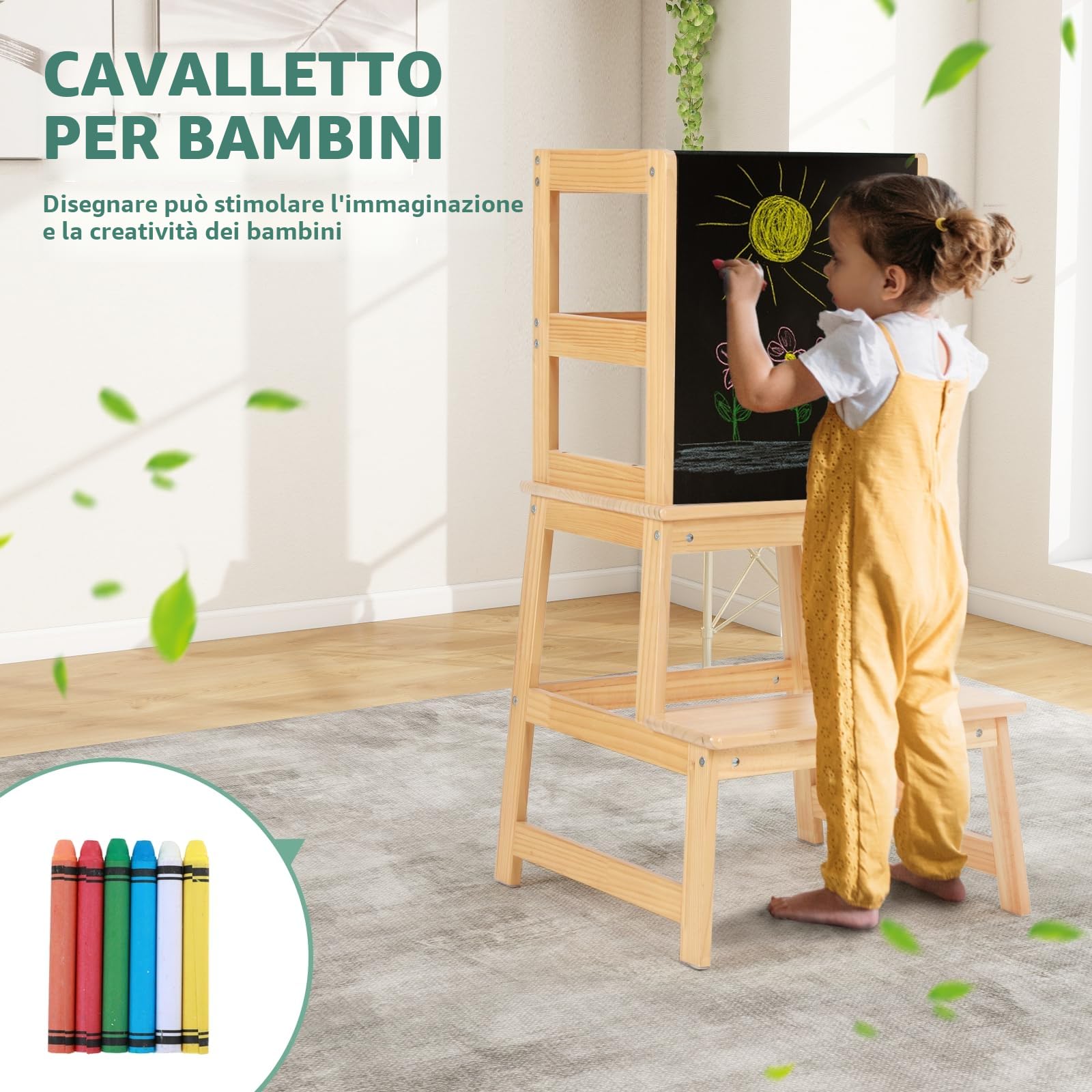 Torre Montessoriana per Bambini con Lavagna e Sbarra di Sicurezza, Sgabello Estraibile per Adulti, Naturale