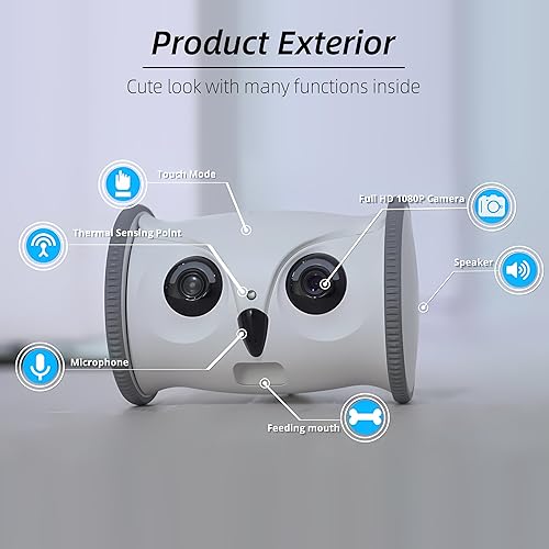 Miniatura 2 de SKYMEE Owl Robot Cámara para mascotas Full HD 1080P con dispensador de golosinas, juguete interactivo para perros y gatos, monitoreo móvil de casa