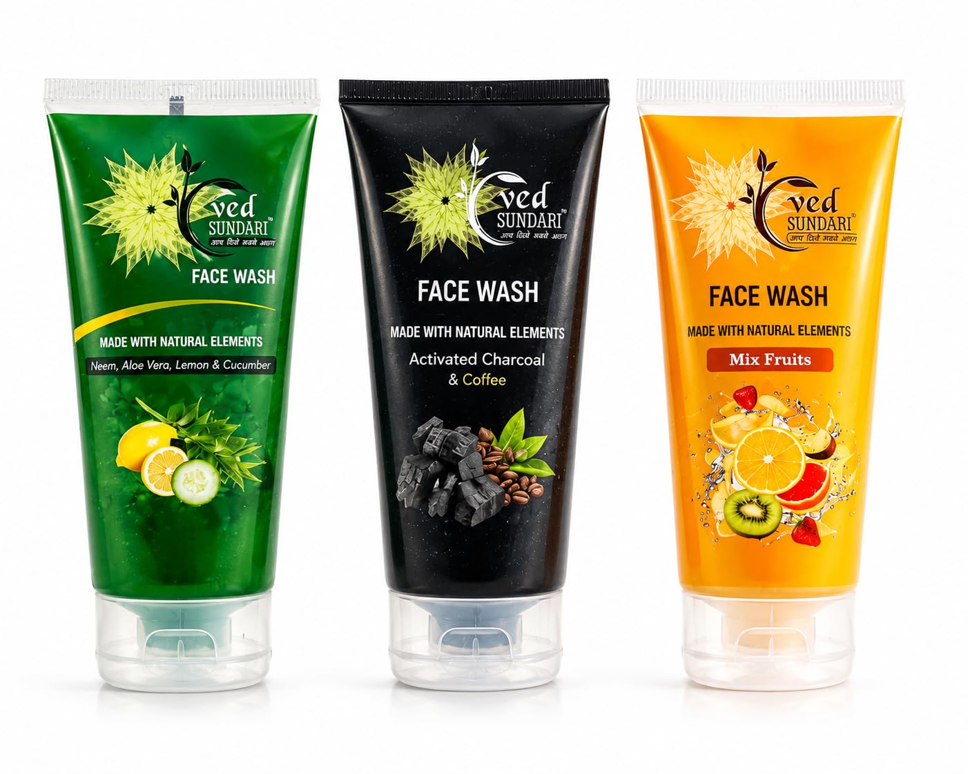 Ved Sundari Face Wash Combo Pack – Neem Face Wash, Charcoal Face Wash & Mix Fruit | Daily Facial Cleanser for Men & Women | Natural Face Wash Set for Everyday Skincare | 4.2 fl oz Each