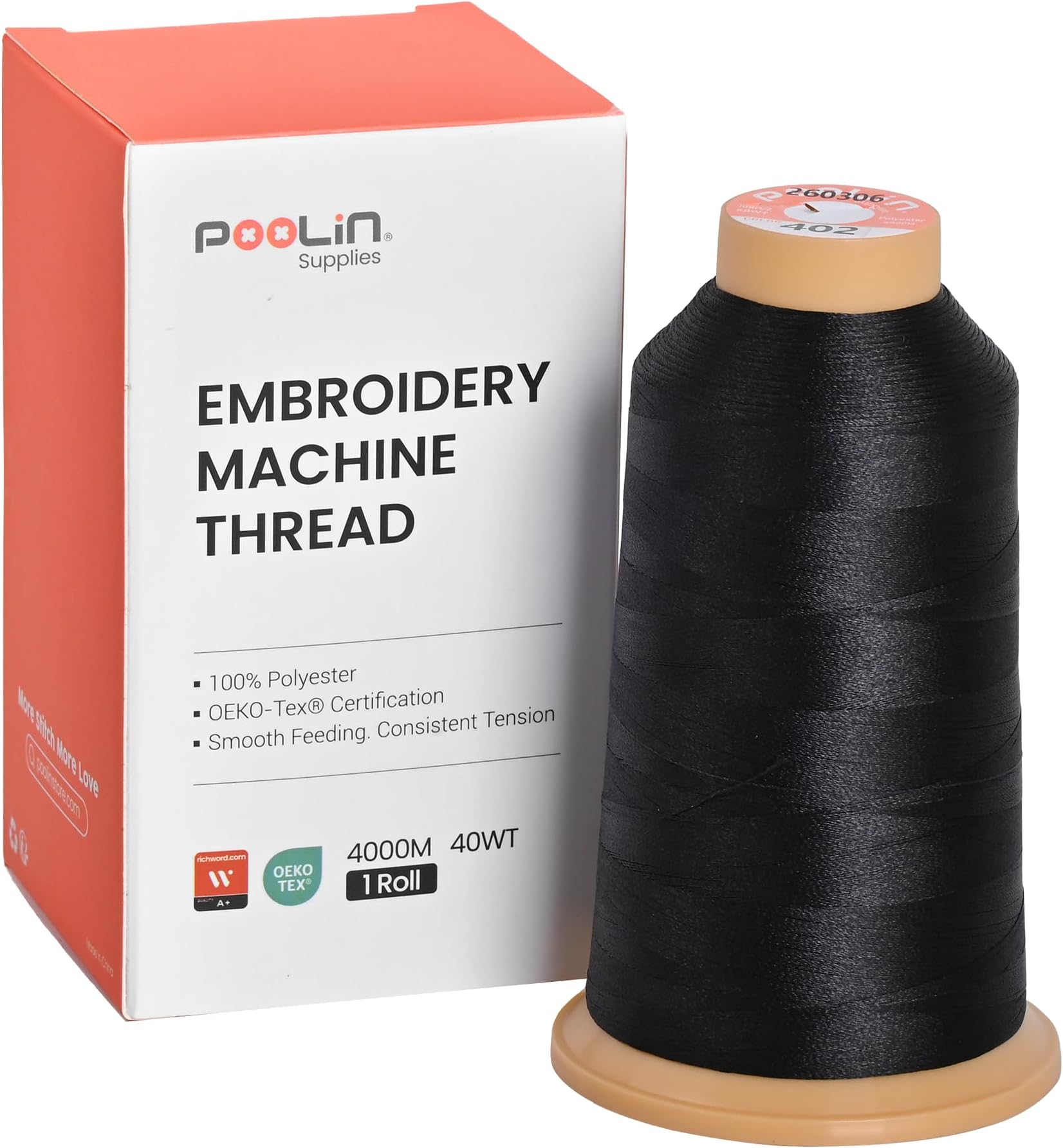 Poolin Polyester Machine Embroidery Thread 4000M 40WT Black 0402 | Smooth Feeding with Stable Tension for Clean, Consistent Stitching on Home and Commercial Embroidery Machines