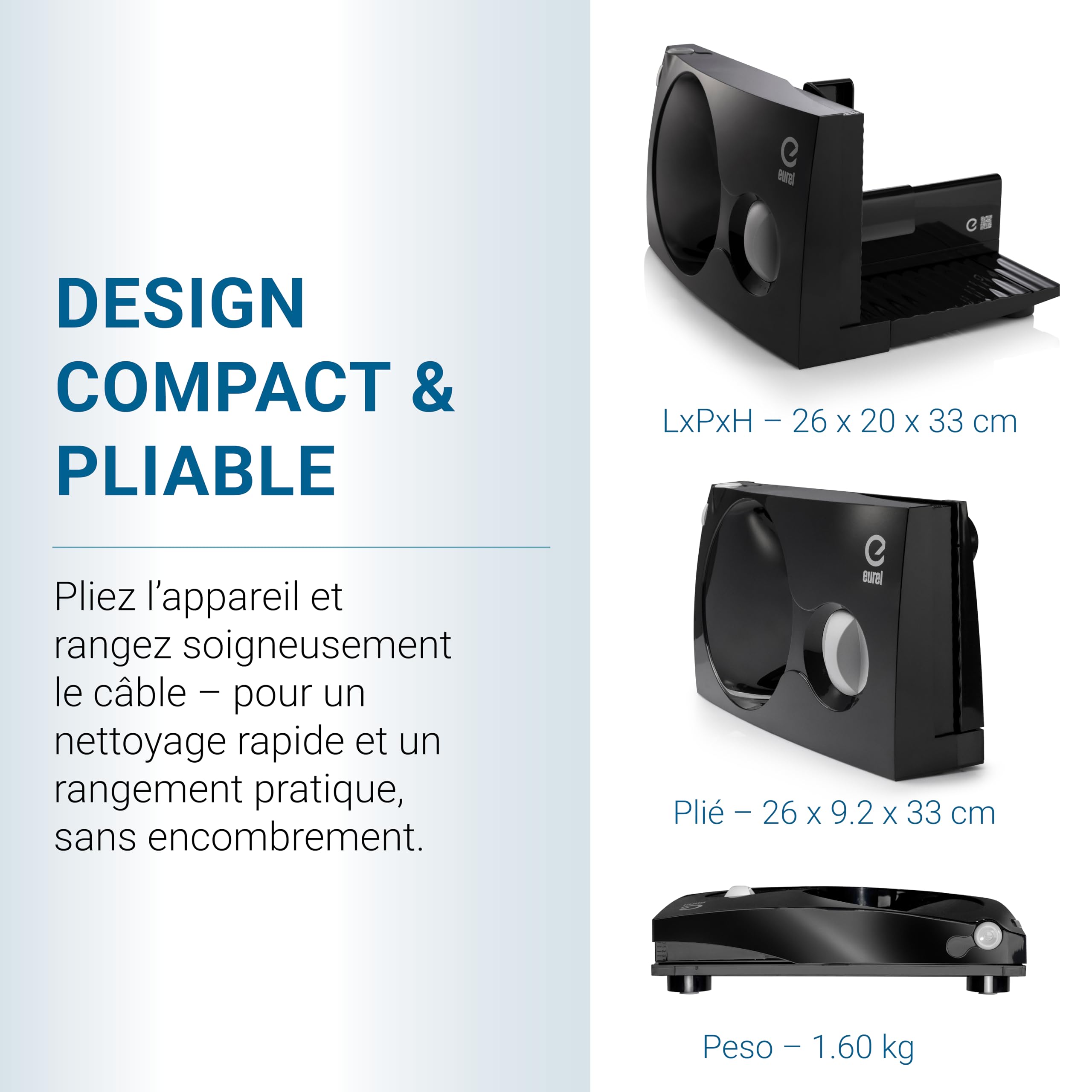 EUREL RS42 Trancheuse Électrique Noire Lame Inox Ø170 mm Épaisseur Réglable 0-17 mm Moteur CC EcoDrive 80 W