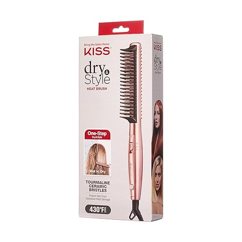 Miniatura 3 de KISS Cepillo térmico para secar y peinar, peine caliente para desenredar y dar volumen, cerdas de cerámica de turmalina, 2 ajustes de temperatura,