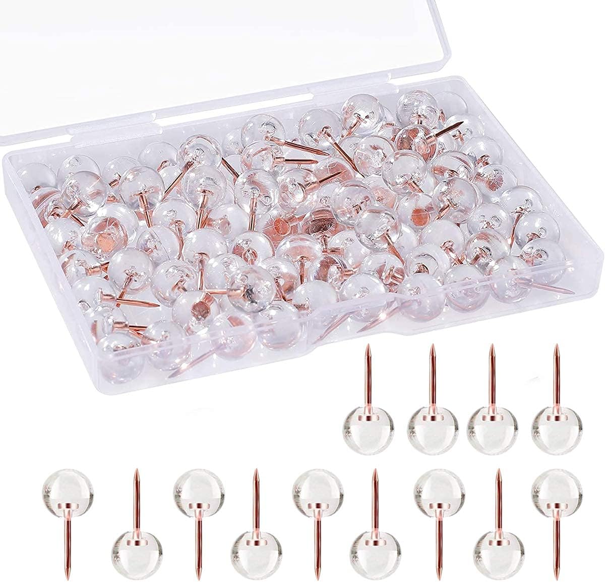 SubyVeK Push Pins Head Rose Gold Round Thumbtacks Clear Plastic Stationery Map Tacks for Cork Bulletin Board, Map Mark(100pcs）