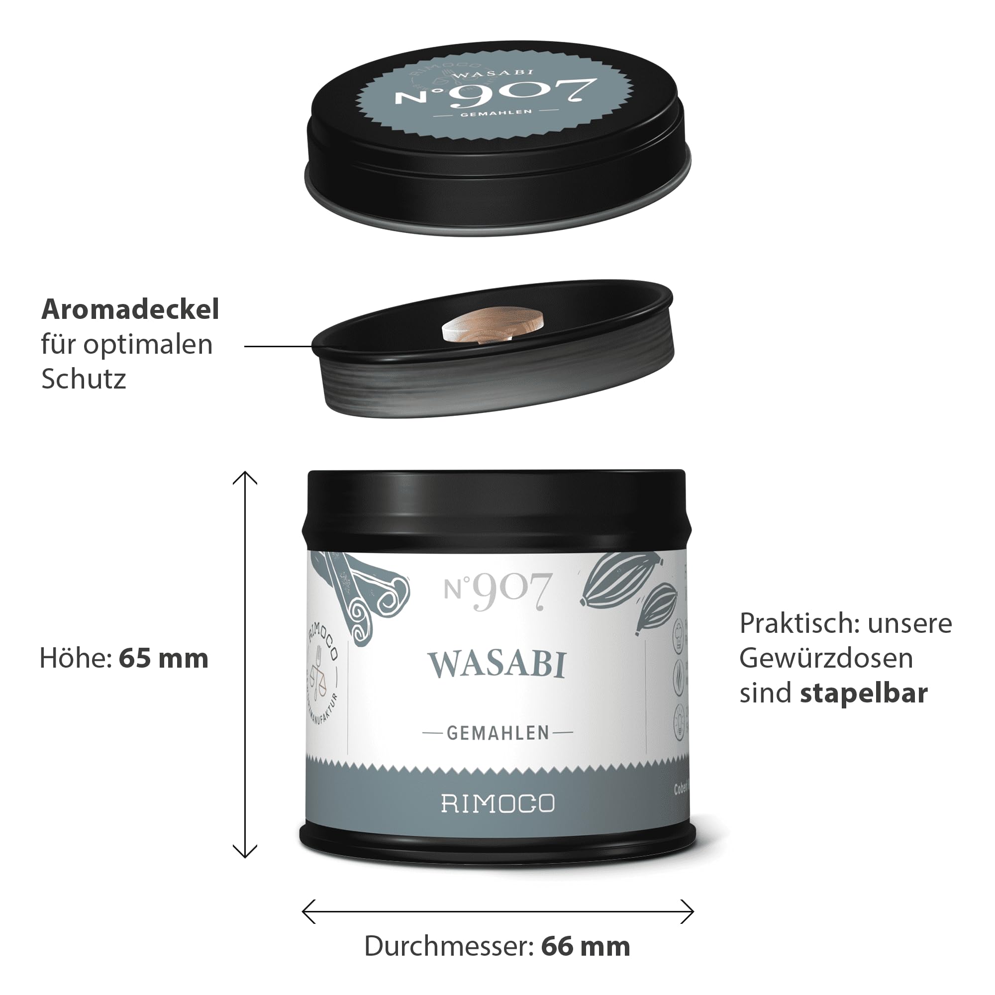 Rimoco N°907 Wasabi Pulver - echte Wasabiwurzel fein gemahlen (100% Wasabia japonica) | Wasabipulver zur Herstellung von Wasabipaste | 40g in eleganter Gewürzdose mit Aromadeckel