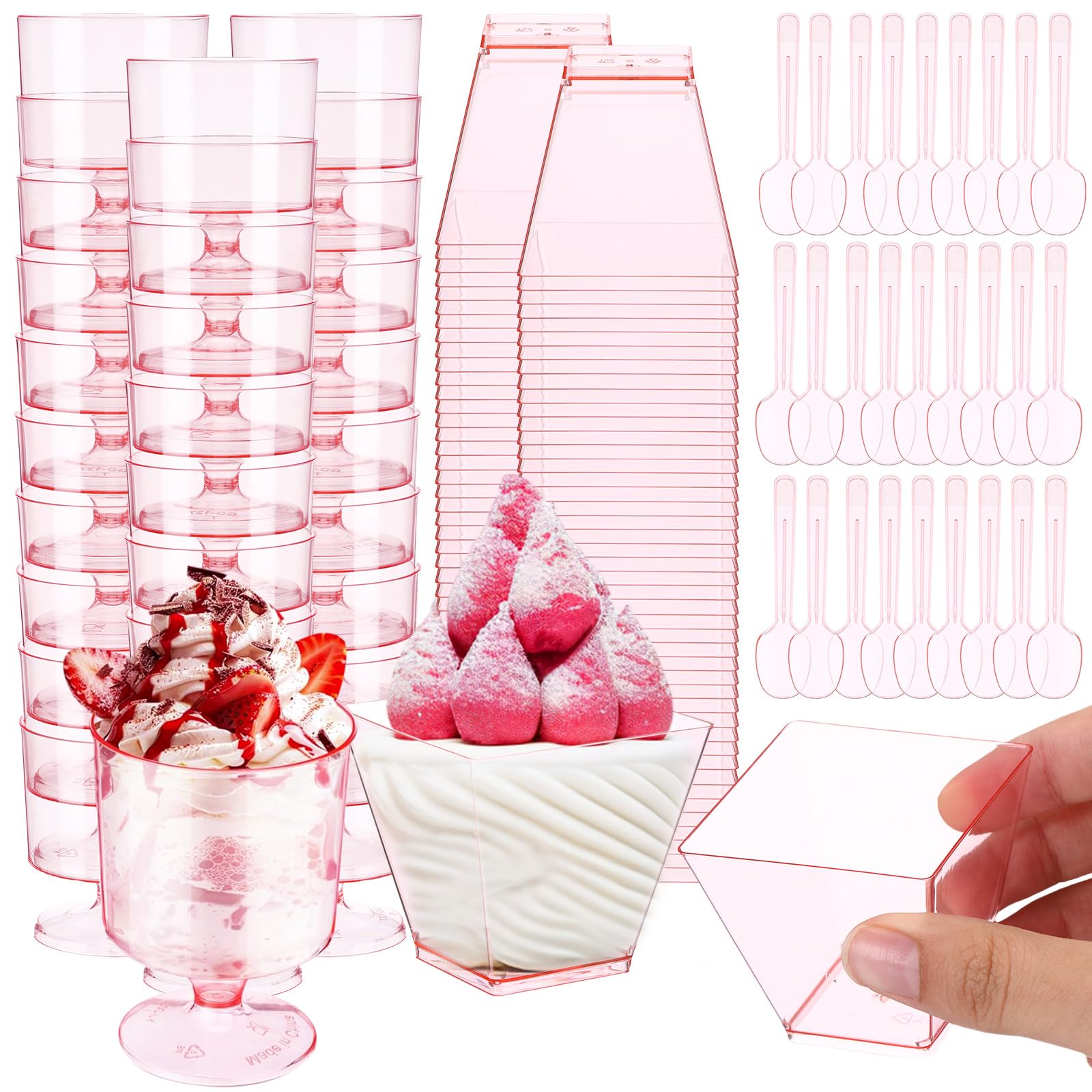 300 Pack Dessert Cups with Spoons 2oz Mini Clear Plastic Dessert Parfait Cup Square Appetizer Pudding Cups Round Goblet Shooters for Pudding Fruit Yogurt Ice Cream Mousse (Pink)