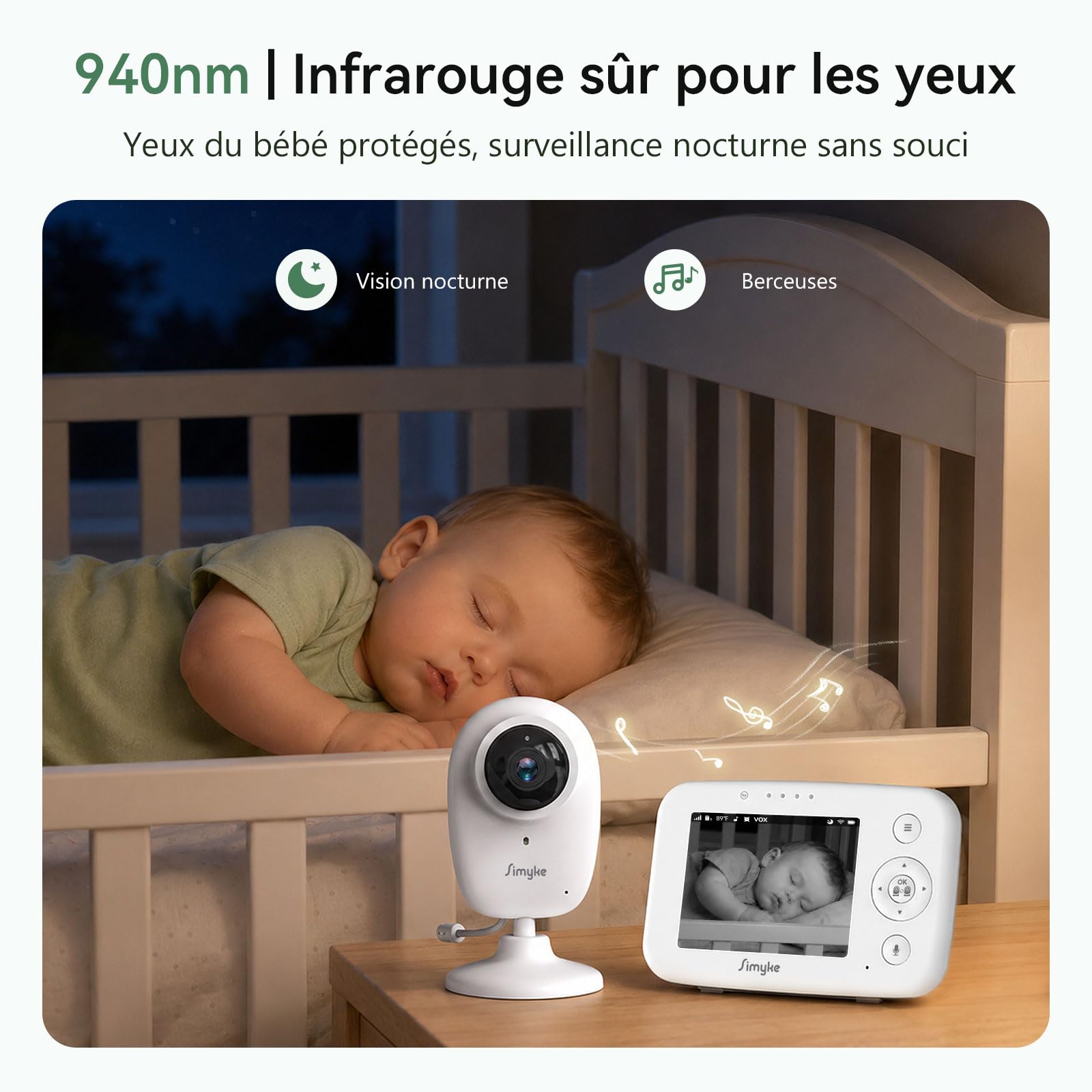 Simyke Babyphone Caméra Bébé Écran 3,5" & Caméra 1080P HD, Connexion WiFi Smartphone & Liaison Hors WiFi, Vision Nocturne, Zoom, VOX 20h Autonomie, Détection Intelligente, Stockage Local & Cloud