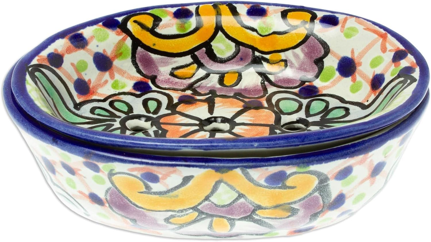 NOVICA Artisan Handcrafted Talavera Style Ceramic Soap Dish | Multicolor Decor | Bathroom Vanity Accessories | Soap Container | Hacienda Floral | Mexico ' Hidalgo Bouquet' 2.4" H x 4.3" Diam.
