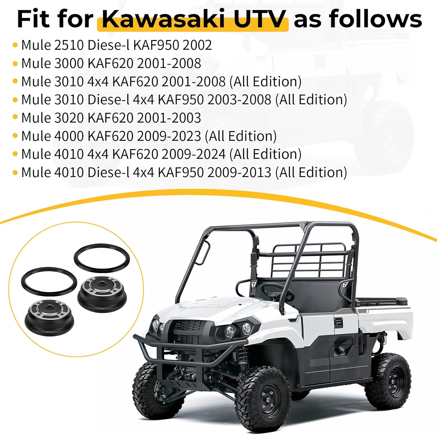 2PCS Front Brake Drum Wheel Hub & Seal for Kawasaki Mule 4000 4010 KAF620 2009-2024 Mule 3000 3010 3020 KAF620 2001-08 Mule 3010 4010 Diese-l 4x4 KAF950 Mule 2510 Diese-l KAF950 92093-1543 41038-7501