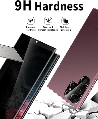 Miniatura 4 de Paquete de 2+2 Protector de pantalla de privacidad para Samsung Galaxy S22 Ultra y protector de lente de cámara, vidrio templado 9H, antiespía, sin