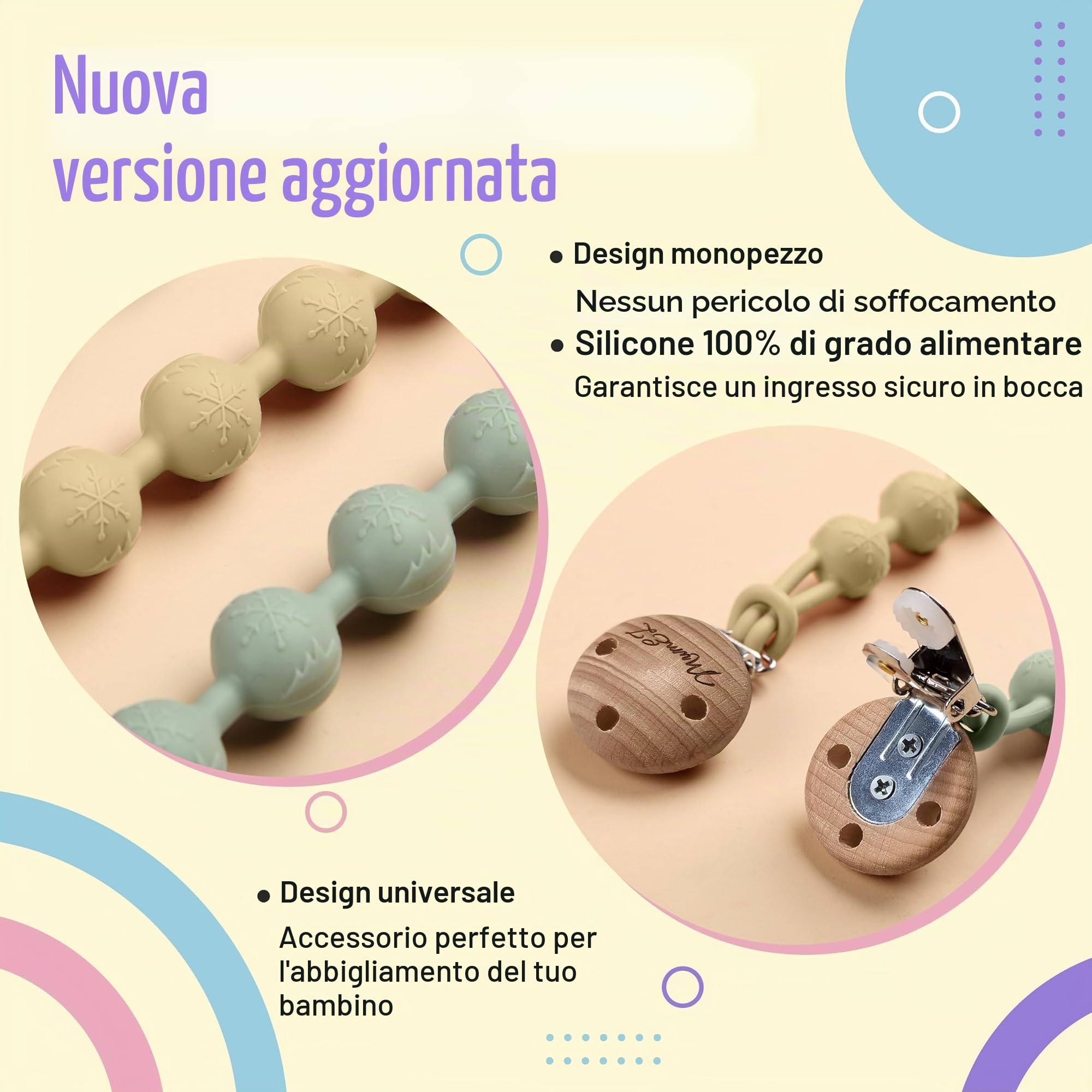 Catenella Portaciuccio - Porta Ciuccio: Set 2 PCS Con Catenella Ciuccio, Portaciuccio Mam Clip per Tenere Pulito Il Ciuccio Del Tuo Bambino