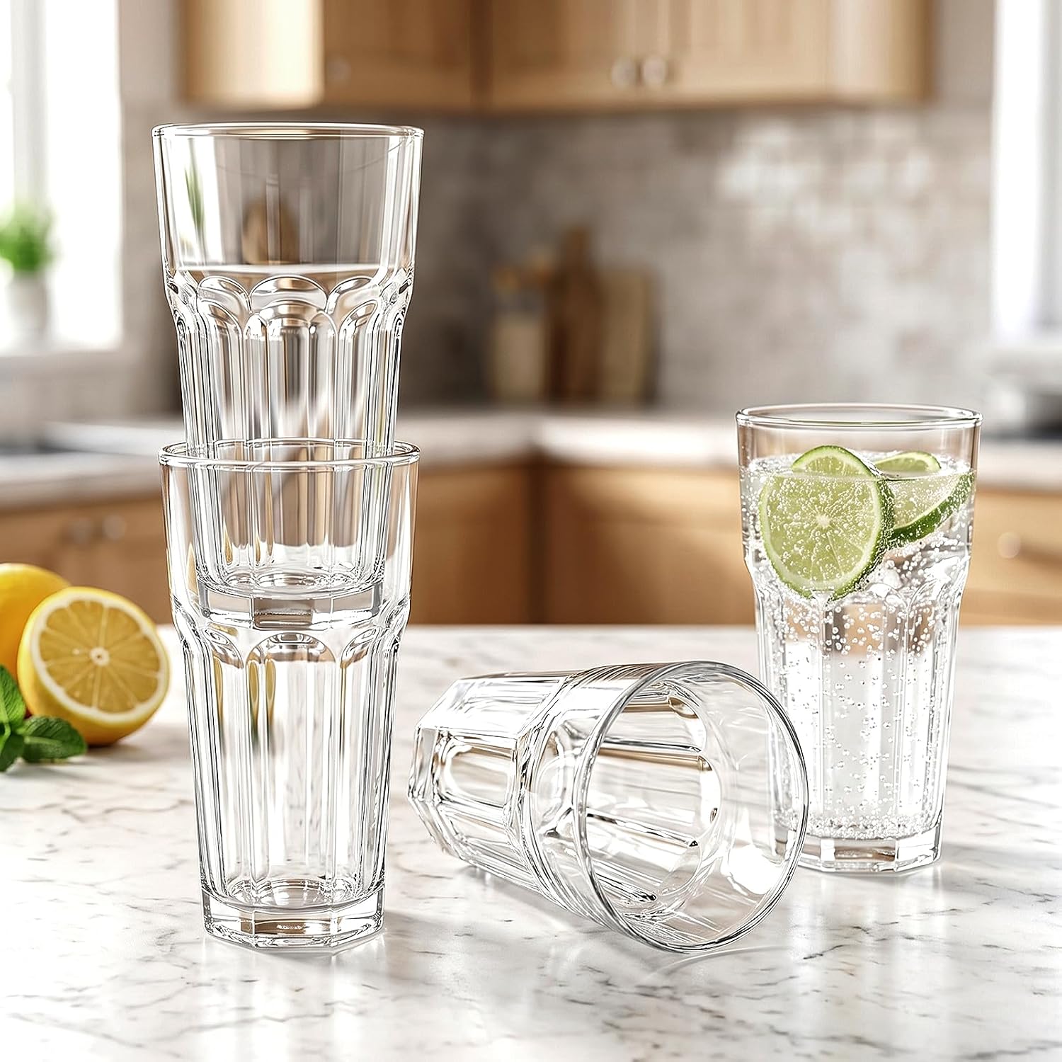 Mapoxy 16oz Highball Glasses Set of 6, Thick Lead-Free Glass Tumblers