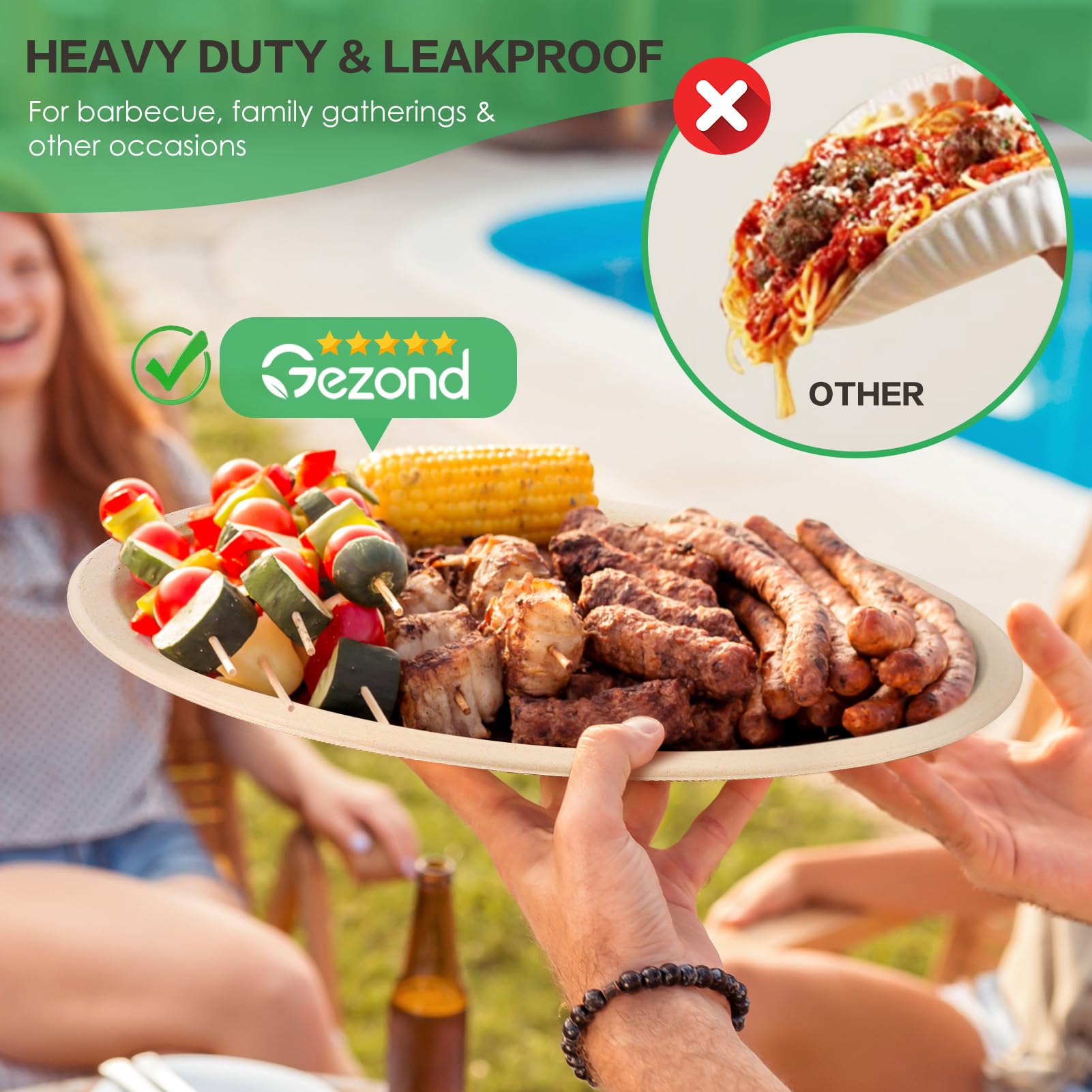 Gezond Platos de papel ovalados 100 % compostables de 12 pulgadas, paquete de 100 platos grandes desechables resistentes y ecológicos, platos de fibra de caña de azúcar, biodegradables para fiestas,