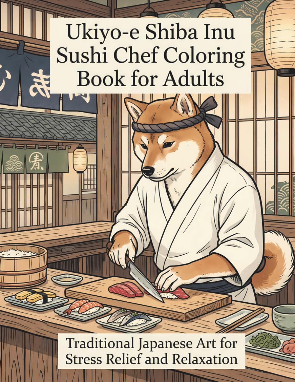 Ukiyo-e Shiba Inu Sushi Chef Coloring Book for Adults: Traditional Japanese Art for Stress Relief and Relaxation