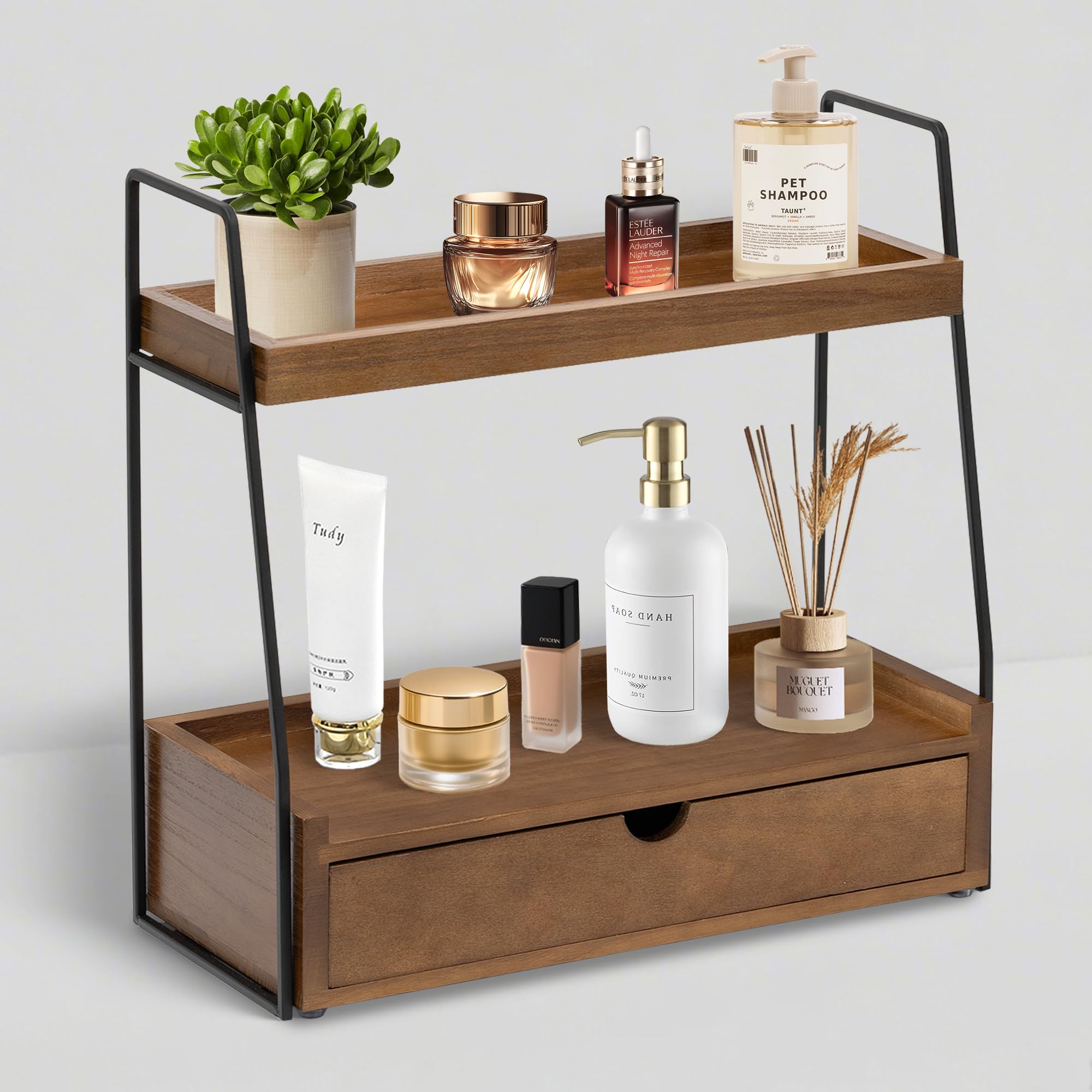 View 1 of [MISSING PARTS] 2-Tier Bathroom Countertop Organizer with Drawer, Wood Vanity Shelf Brown