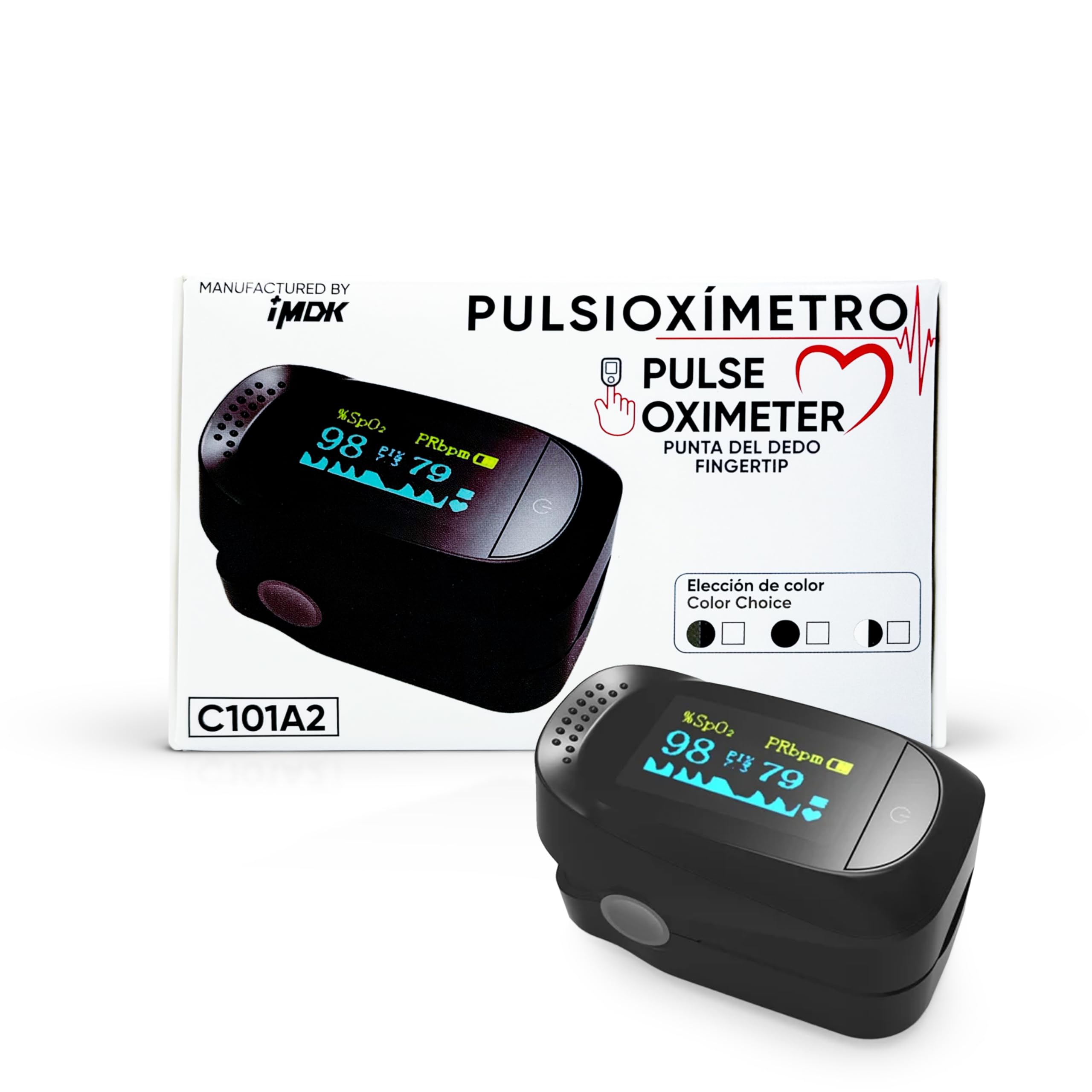Behler Instruments - Pulsioxímetro de dedo C101A2 - Oxímetro - Medidor Portátil de Saturación de Oxígeno (SpO₂) y Frecuencia Cardíaca, Incluye Pilas, Pantalla de Color