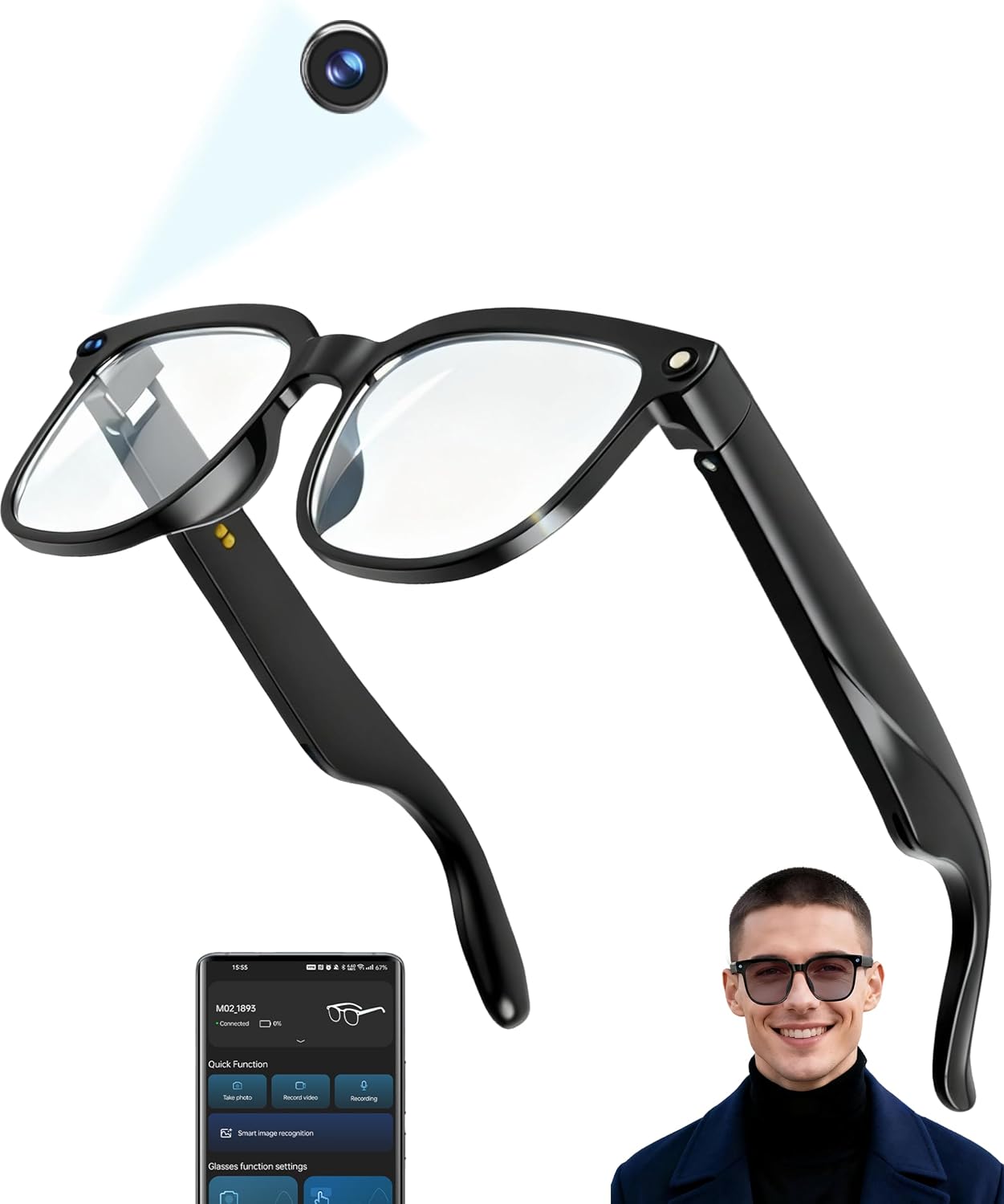 MNVOEQ AI Smart Glasses 1080P Camera Translator Bluetooth Photochromic Lens