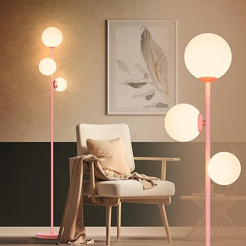 3 Globe Vintage Floor Lamp - 3 Color Options Moderm Floor Lamps for Living Room, Mid Century Standing lamp Home Decor for Bedrooms Office(Pink, LED Bulbs Included) - Pink