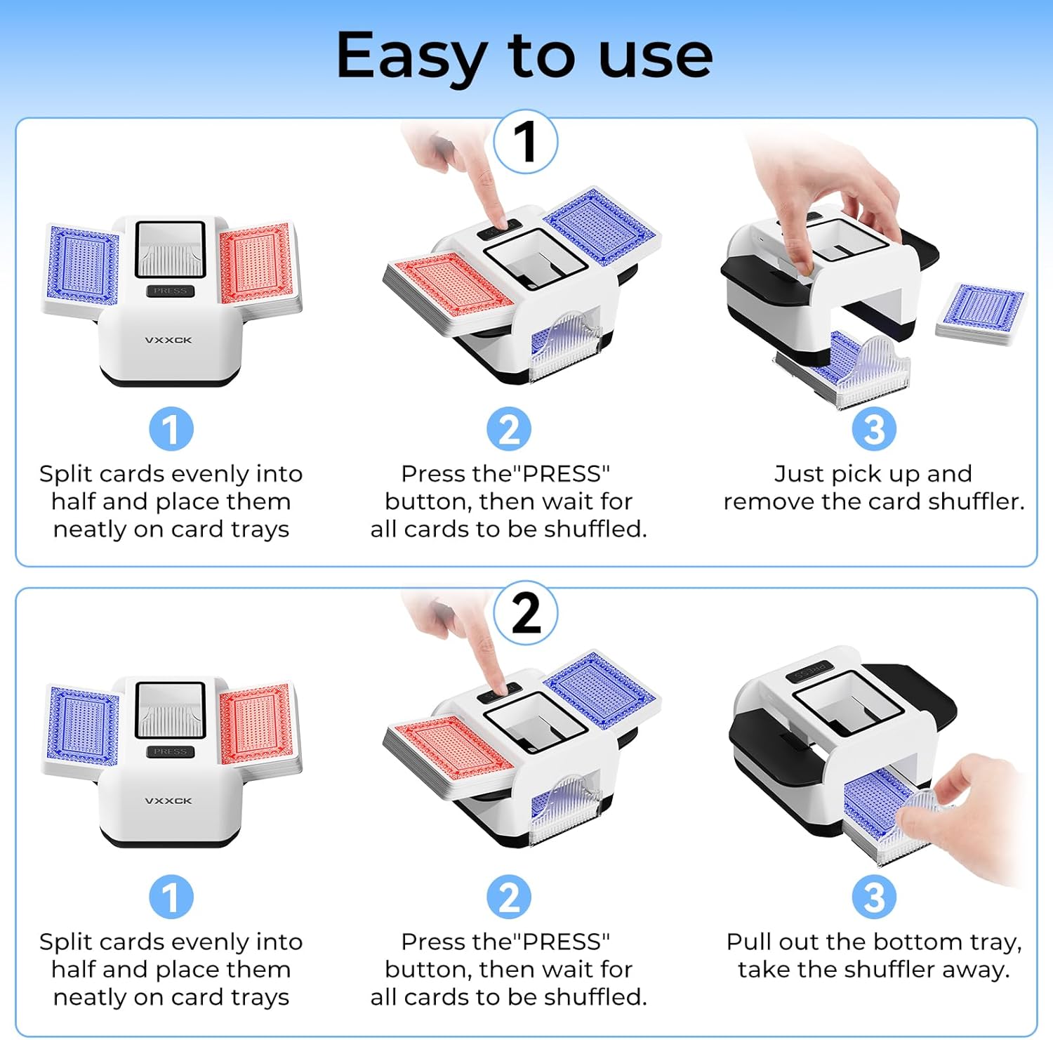 Automatic Card Shuffler for 1-2 Decks Dual Motor Not Stuck Card Automatic Sensing Function Rechargeable Card Shuffler Low Noise Card Shuffler for Poker Uno,Bridge,Spades,Card Games