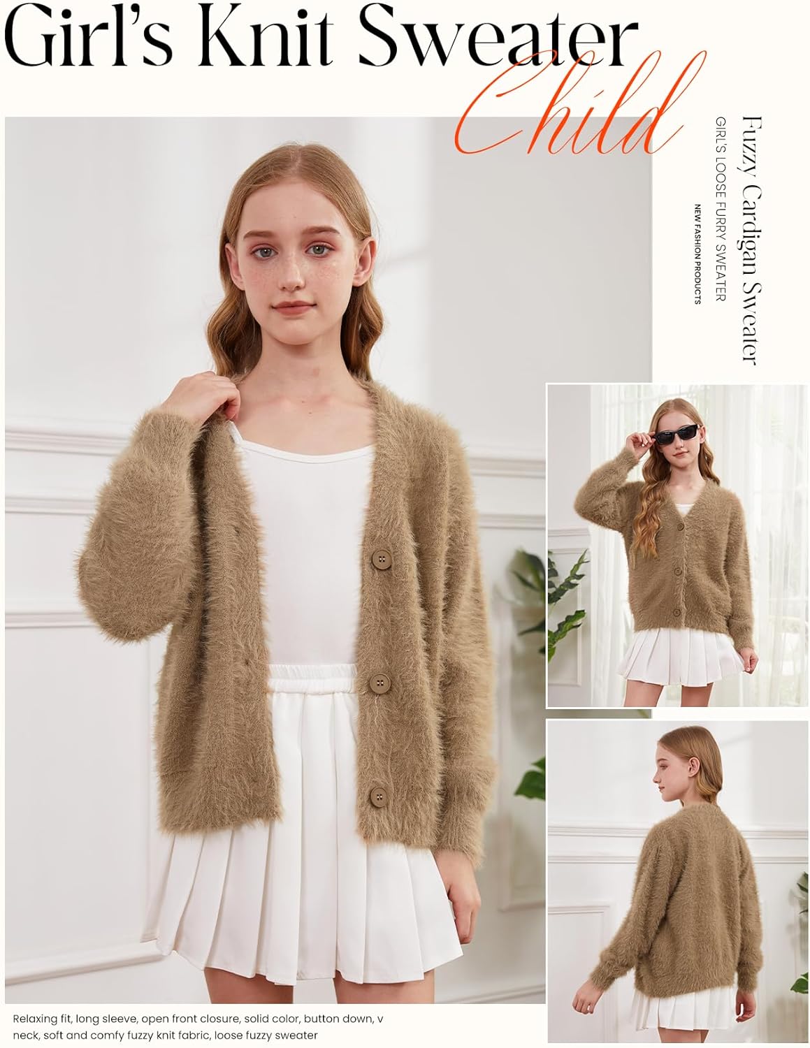 Yimoon Girl's Fuzzy Cardigan Sweaters Kids Soft V Neck Long Sleeve Button Down Chunky Sweater Tops - Image 4