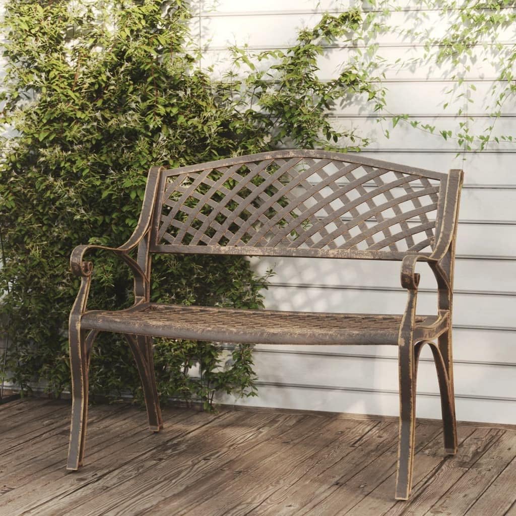 Traditional Bronze Cast Iron Garden Bench with Floral Design, 40.2 Inch Outdoor Patio Seating for Two Adults, Durable Metal Furniture for Balcony and Yard, Elegant Vintage