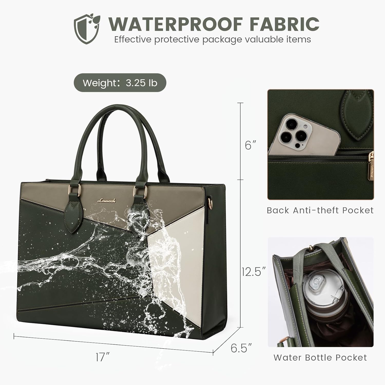 LOVEVOOK Laptop Bag for Women,17 lnch Waterproof Lightweight Leather Tote Bag,Professional Business Office Work Bags with Clutch Purse,Large Capacity Computer Shoulder Handbag,Green-Green-White