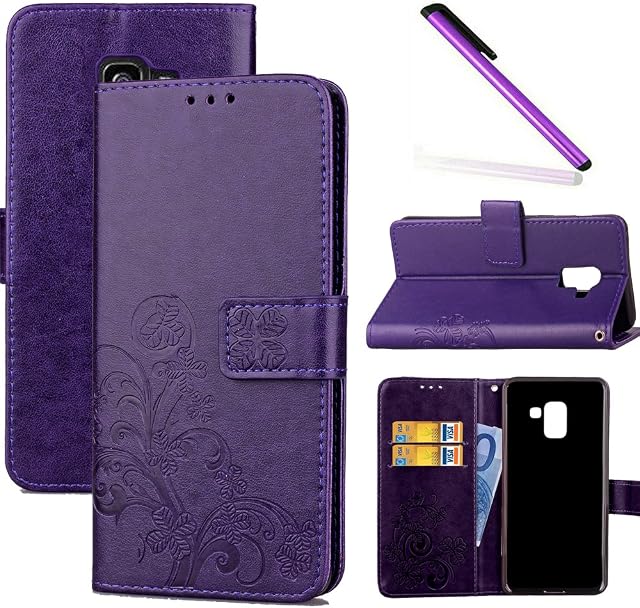 COTDINFOR Compatible with Samsung Galaxy A8 2018 Phone Case Flip Wallet Bookstyle Pu Leather Cover with Card Slots Kickstand Shockproof Protective Case for Galaxy A8 2018 clover Purple SD