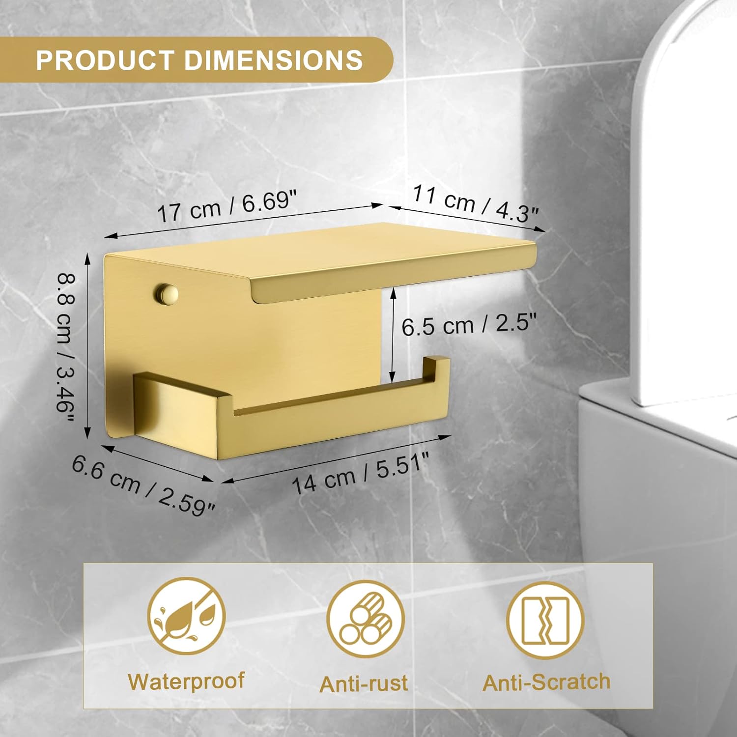 TNOMS Toilet Paper Holder with Shelf Modern Bathroom Hardware Accessories, Multifunctional Gold Toilet Paper Holder,Stainless Steel Wall Mounting