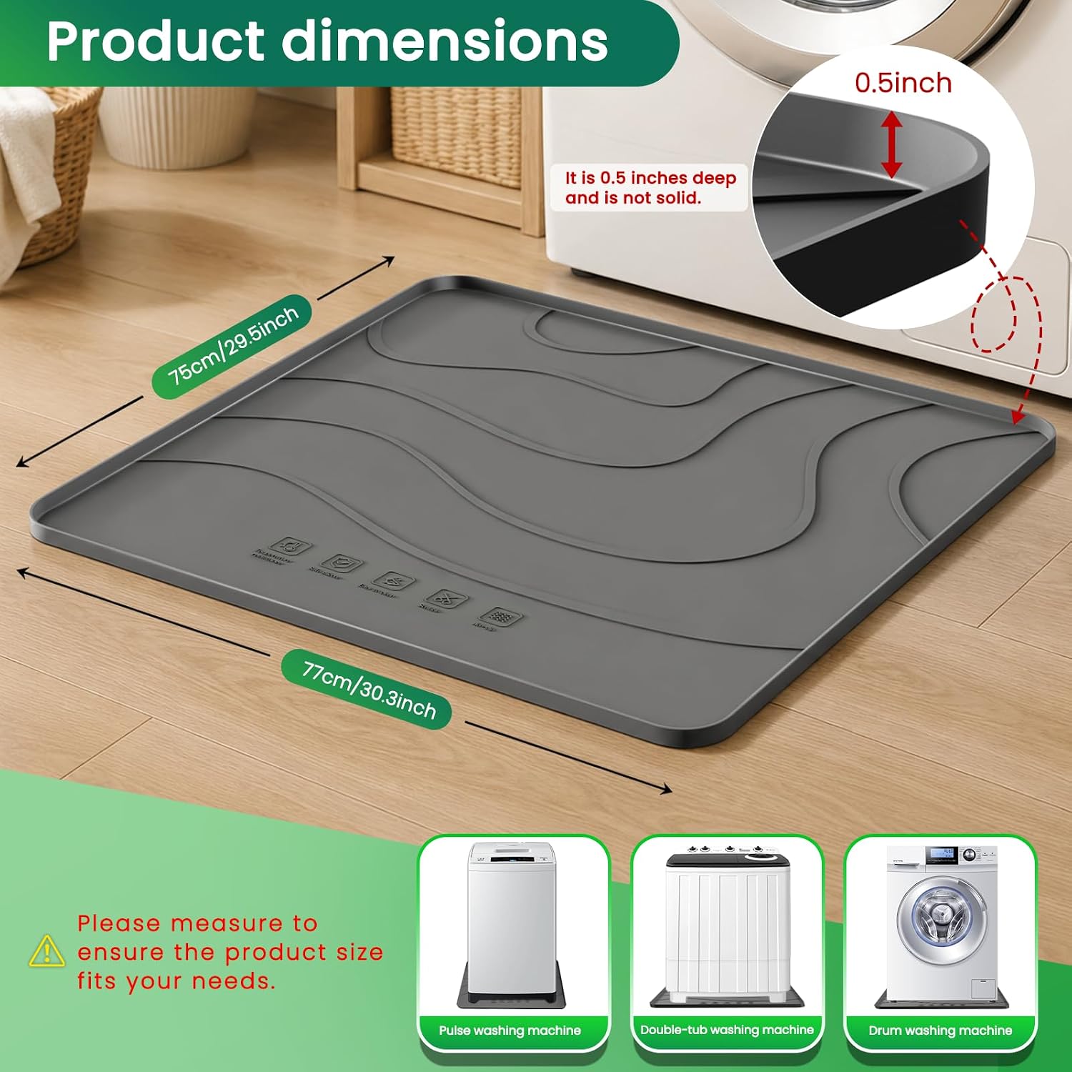 Washing Machine Drain Pan Silicone Mat, Large 30" X 28" Non-Slip Waterproof Washer Drip Tray, Anti-Vibration Soft Mat for Under Dryer or Washer, Floor Leak Protector for Laundry Room (Grey)