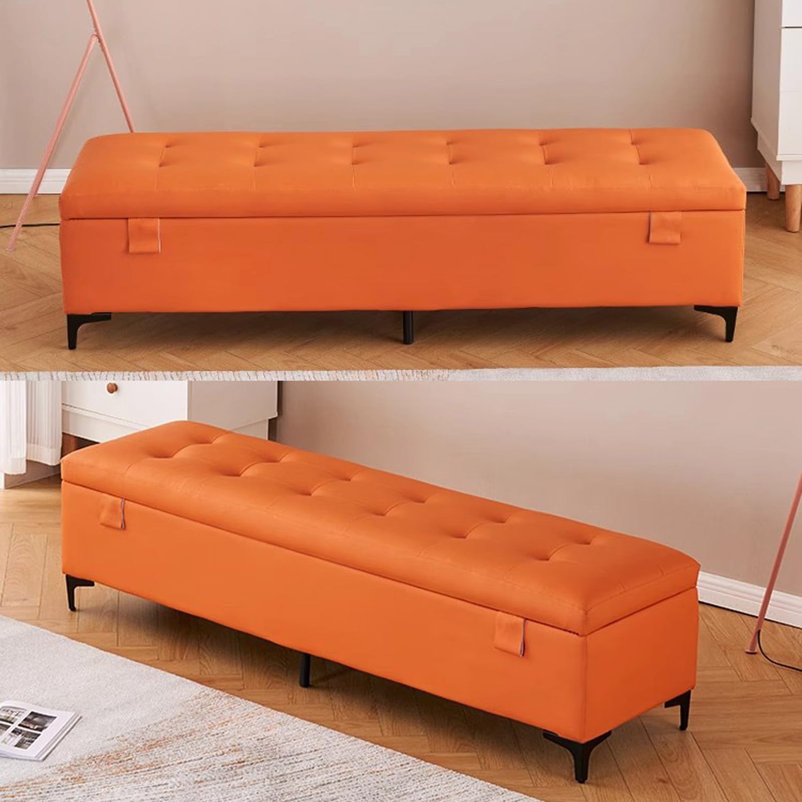 Banco otomano de Cuero con almacenaje - Baúl Acolchado para Entrada y al pie de la Cama con Cerradura, Elegante Organizador para Sala de Estar y baño, Mueble versátil para la decoración del