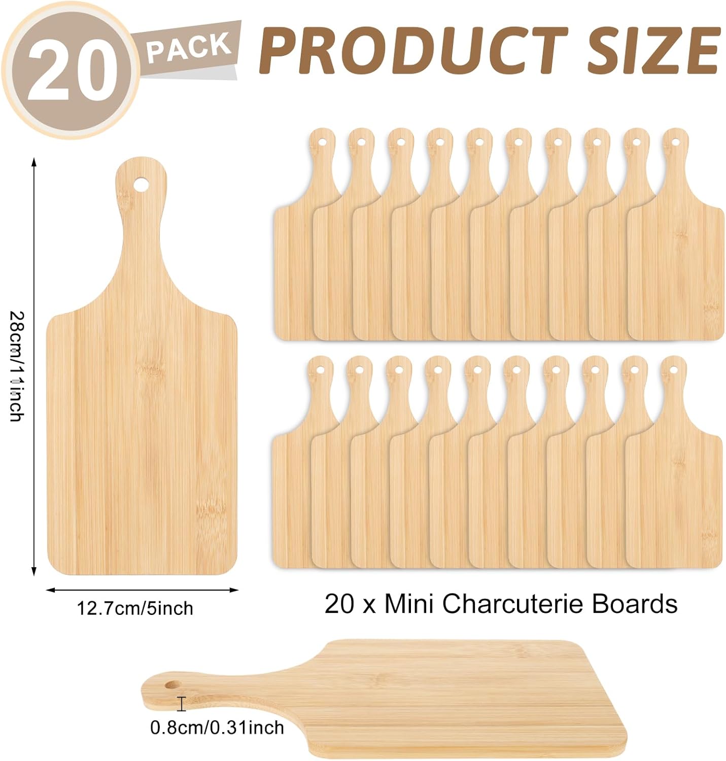 Mini Cutting Boards 20 Pcs Small Charcuterie Boards with Handle Bamboo Charcuterie Boards Bulk 11" x 5" Unfinished Wooden Cutting Boards for Crafts Wedding Housewarming Gift