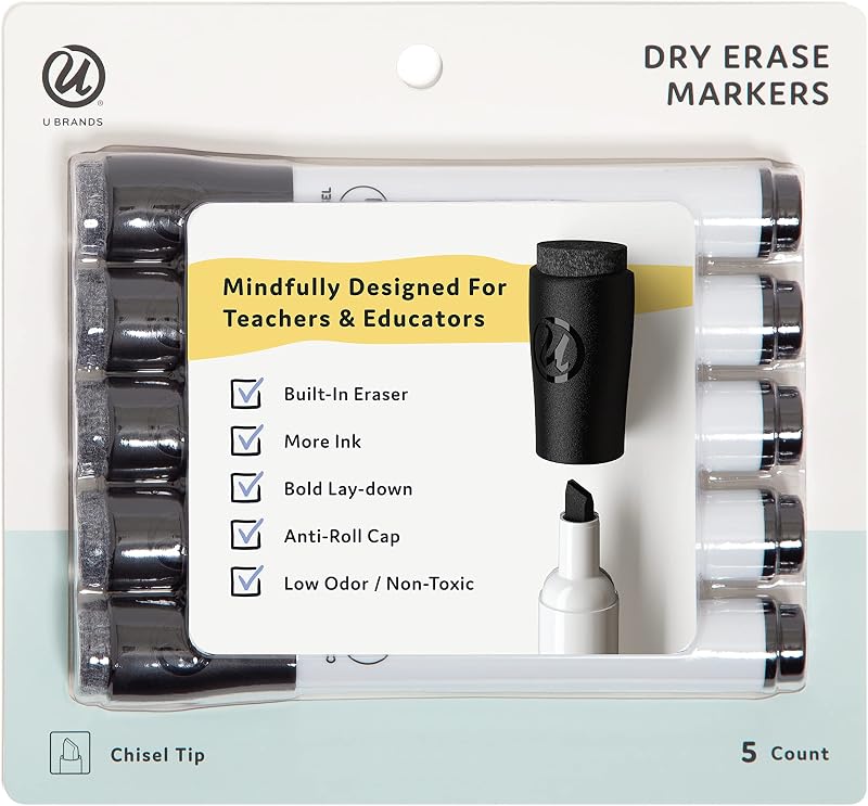 Black Dry Erase Markers with Eraser, Chisel Tip, 5 Count | Five black markers with a 5 mm chisel point, and a felt eraser built into every cap so a fix needs no extra tool.