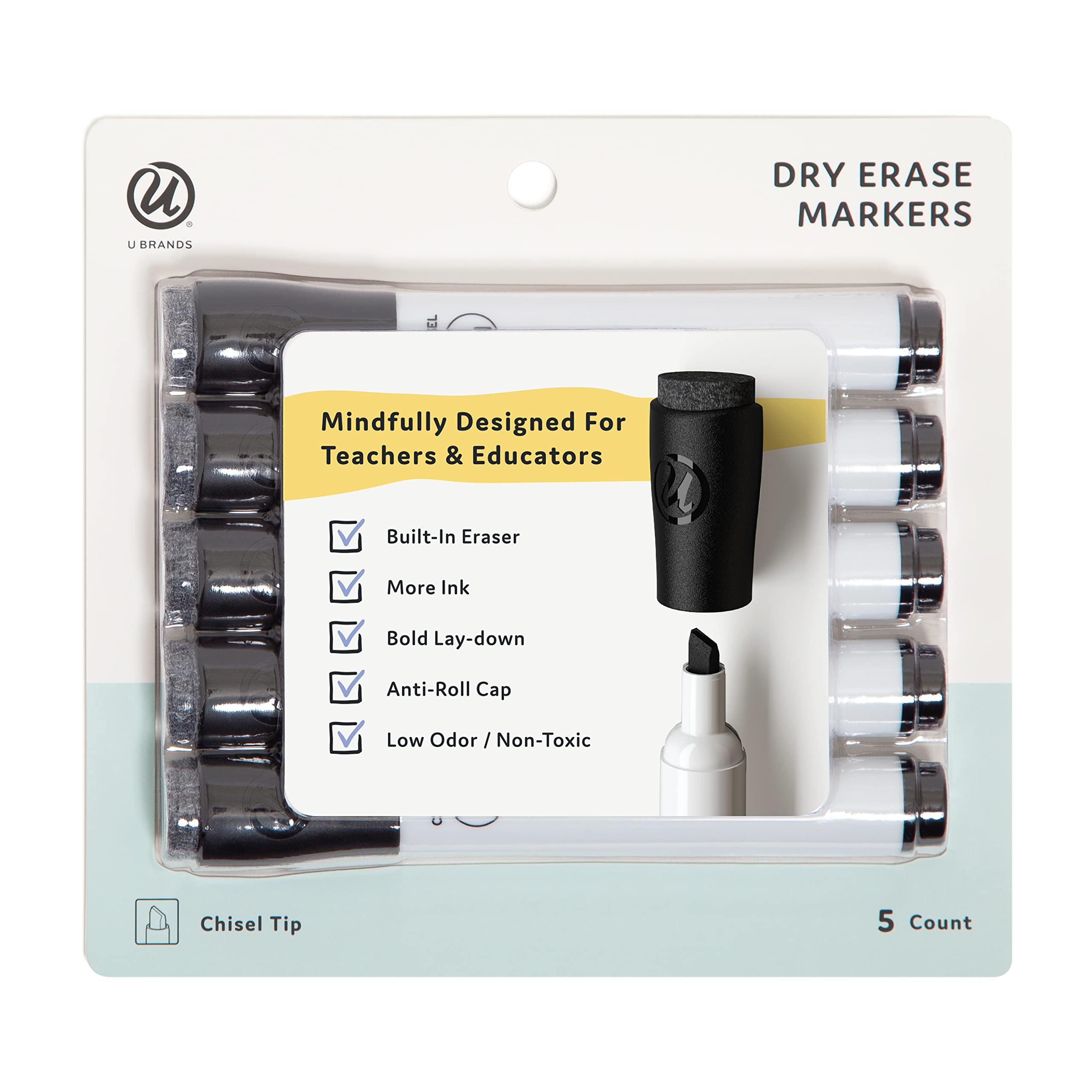 U Brands Fine Tip Dry Erase Markers with Eraser Whiteboard Markers with Chisel tip Low Odor Black Set