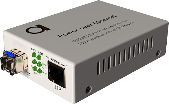 PoE Fiber Single Mode LC Gigabit Ethernet Media Converter - Supplies IEEE 802.3 PoE & PoE+ PSE Power & Extends Distance Over Fiber up 20km 12.42 Miles - 10/100/1000 Autosensing UTP LAN Port