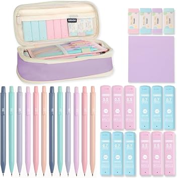 Aesthetic School Supplies with Cute Pencil Case, 12x Pastel Mechanical Pencils 0.5 & 0.7mm with 720x HB Leads, 4x Erasers and 1x Sticky Note, Suitable for Writing, Drafting Drawing Sketchingpurple