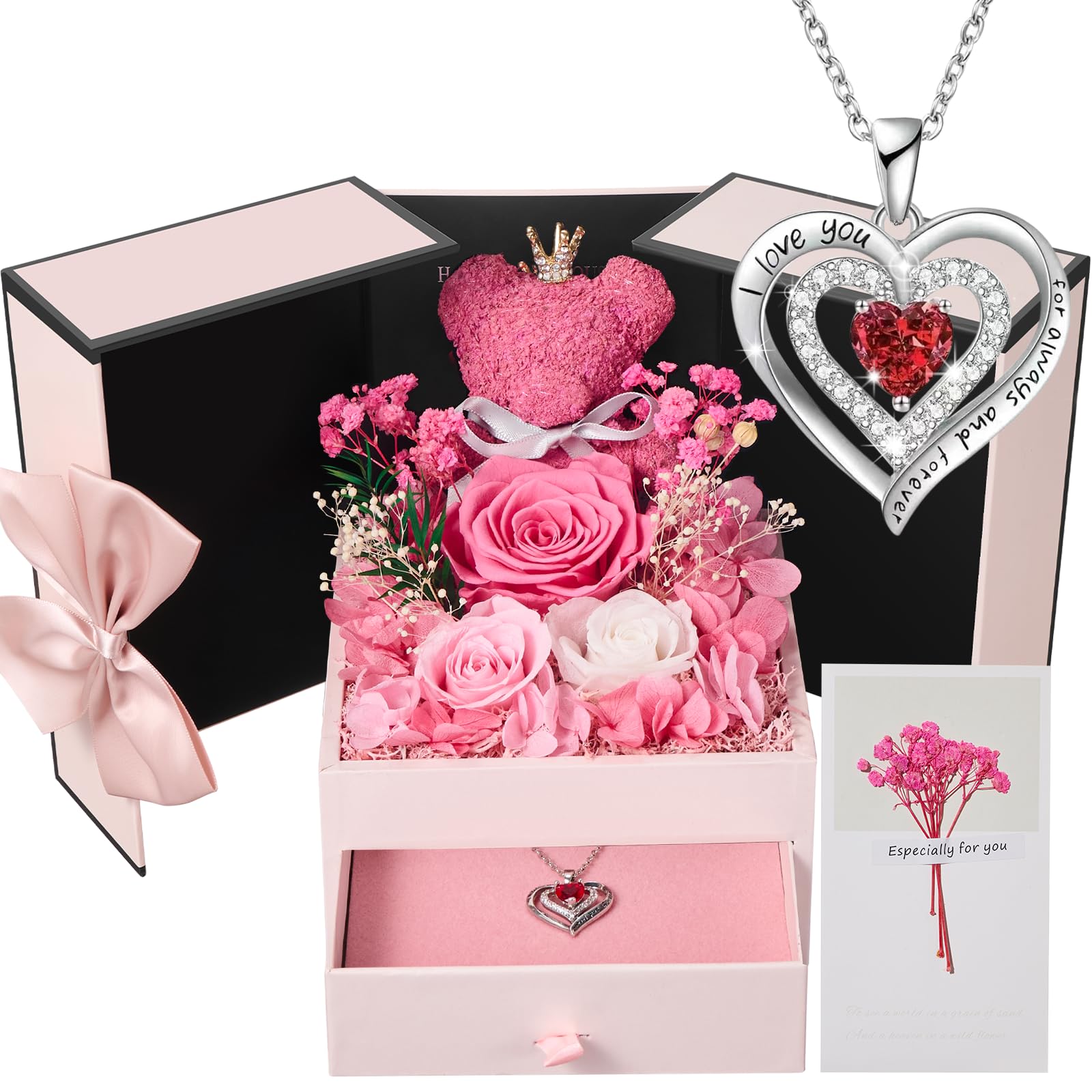 Rosa Eterna con Oso de Musgo para Mujeres, Flores Natural Preservada con Collar, Regalos de San Valentin Originales para Mujer Mama Novia, Caja Regalo Dia de la Madre, Aniversario, Cumpleaños, Navidad