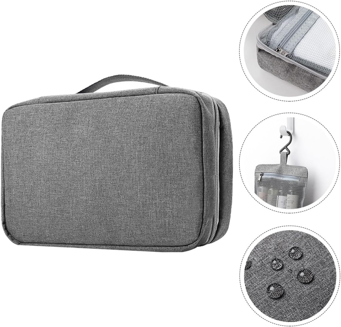 Water-resistant Travel Toiletry Bag with Hanging Hook, Foldable Grey Cosmetic Organizer for Men and Women, Multi-compartment Personal Care Storage for Travel and Shower Use