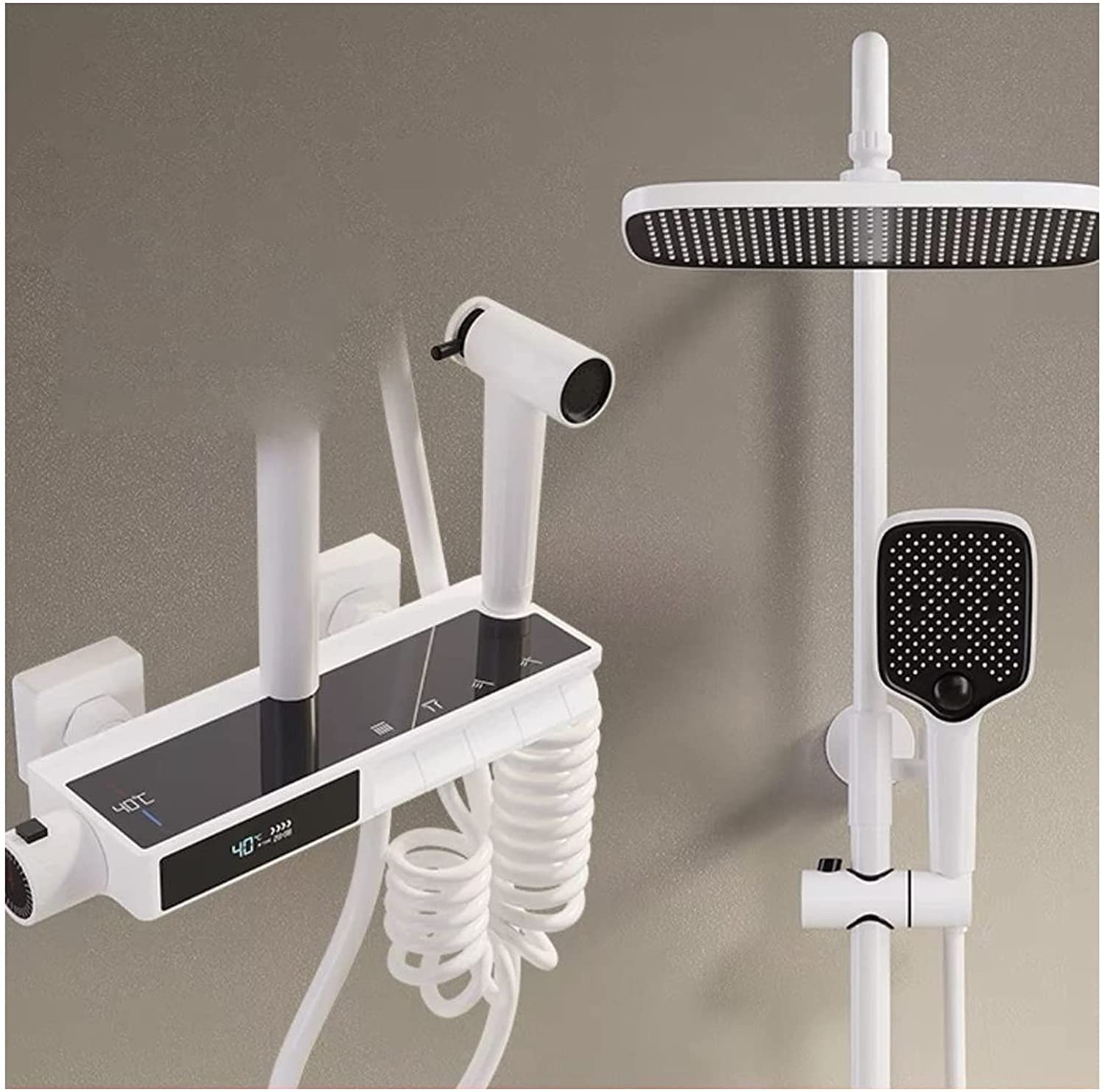 Doccia portatileSistema Doccia termostatico, Montaggio a Parete, Display della Temperatura, Set Rubinetto, rubinetti a Vista a 4 funzioni, con doccetta, beccuccio per Vasca e Bidet
