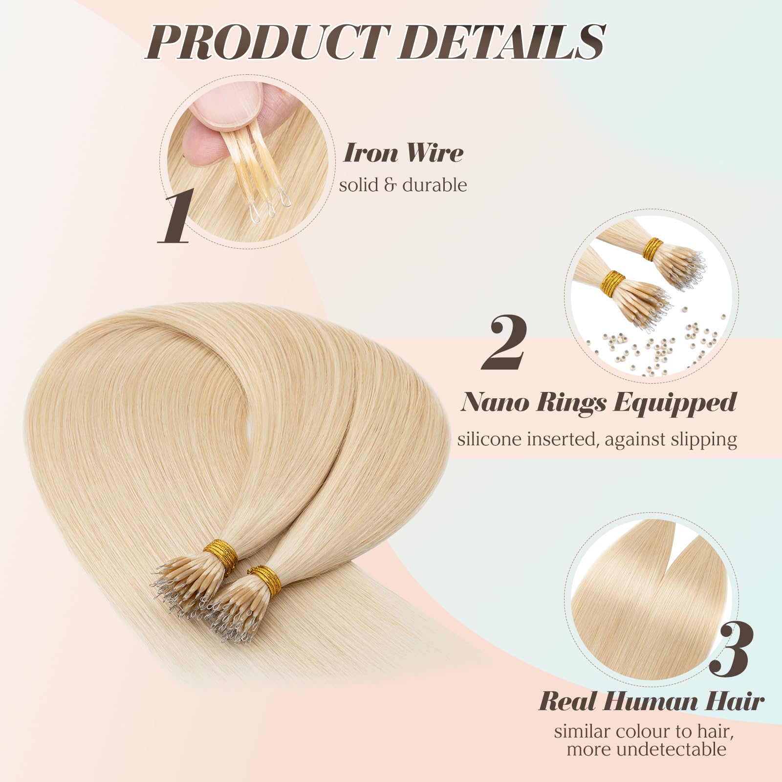 Benehair Nano Hair Extensions Straight Remy #60 Platinum Blonde Nano Loop Hair Extensions Real Human Hair 16 Inches (35g) - Image 3