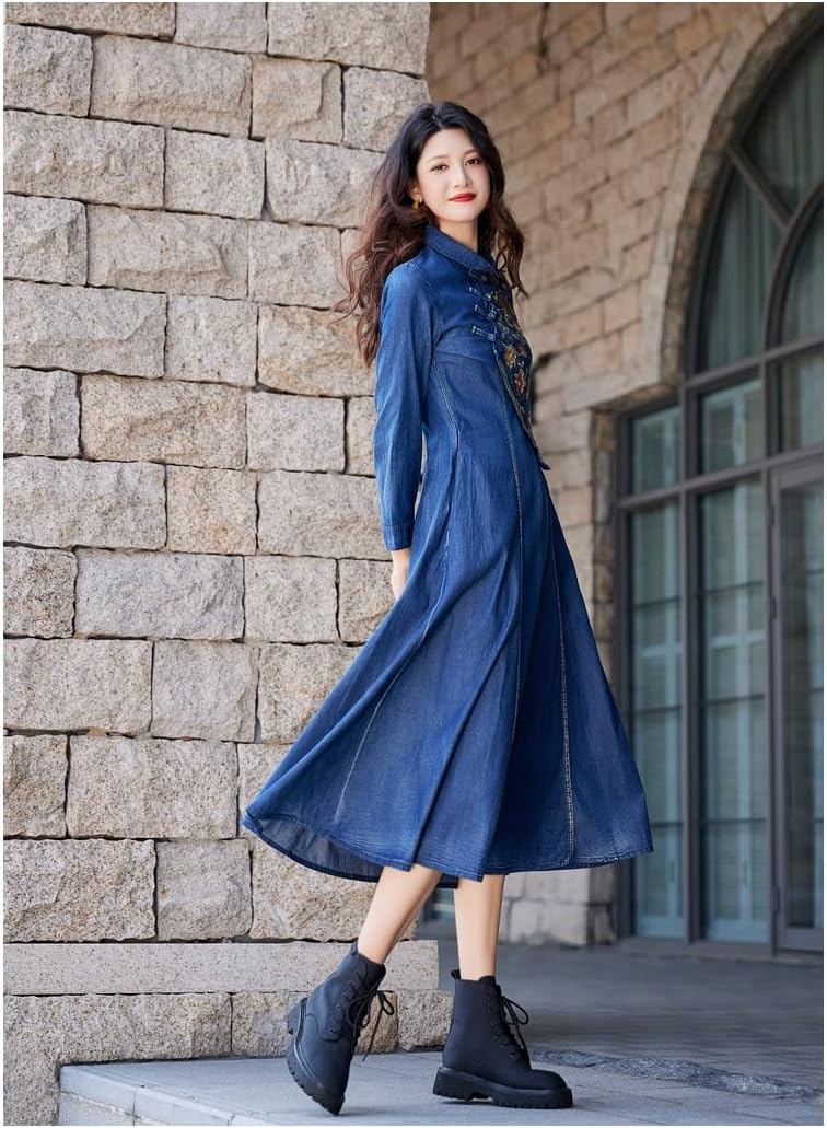 JSEIAJB Autumn/Winter Retro Embroidered Denim Skirt Slim Fit and Slim Handmade Button Dress