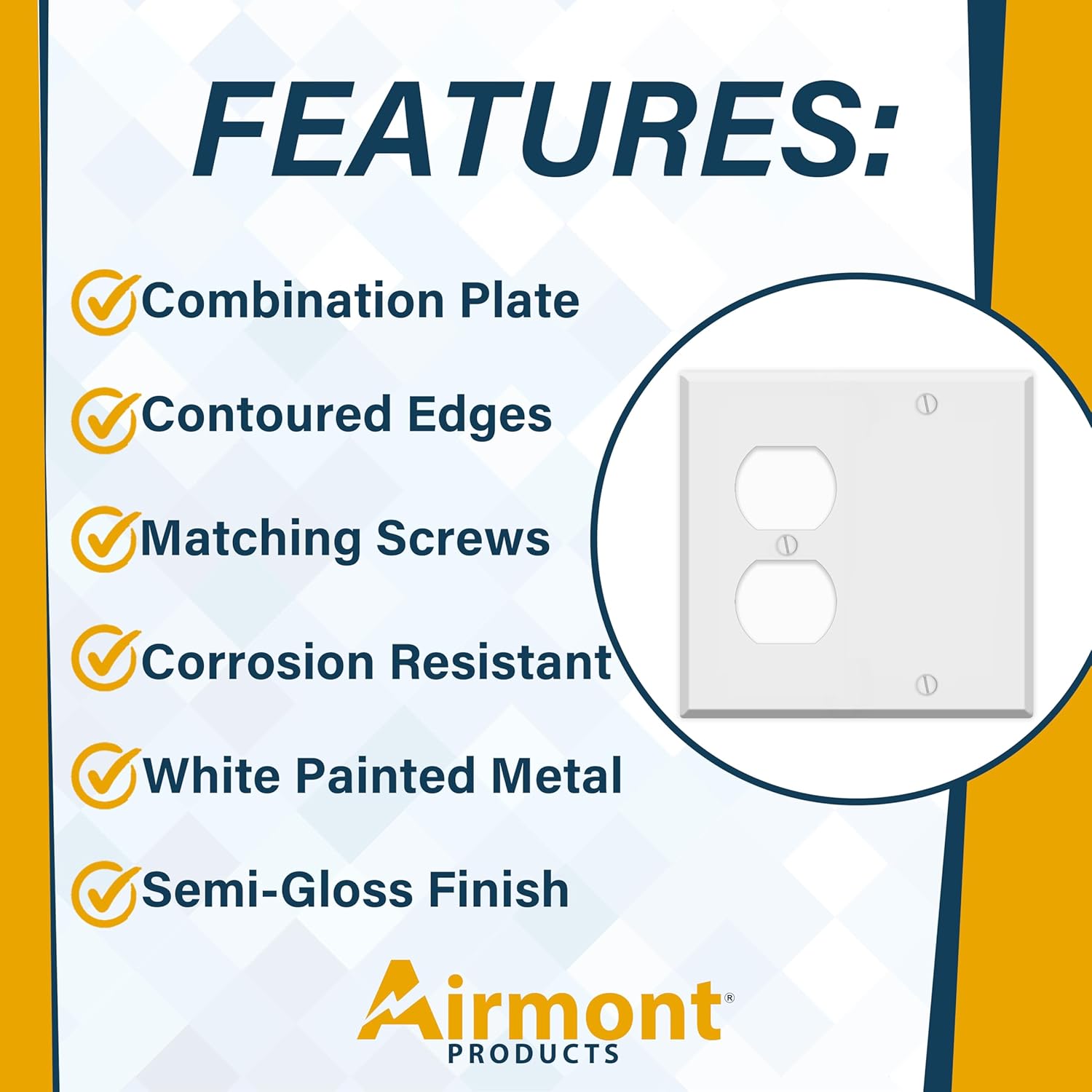 White Metal Combination Switch Cover, Duplex Blank Wall Plate, 2 Gang Standard Size, 1 Duplex Receptacle, 1 Blank, 4.50" x 4.56" Corrosion and Heat Resistant, Unbreakable Metal, Made In USA