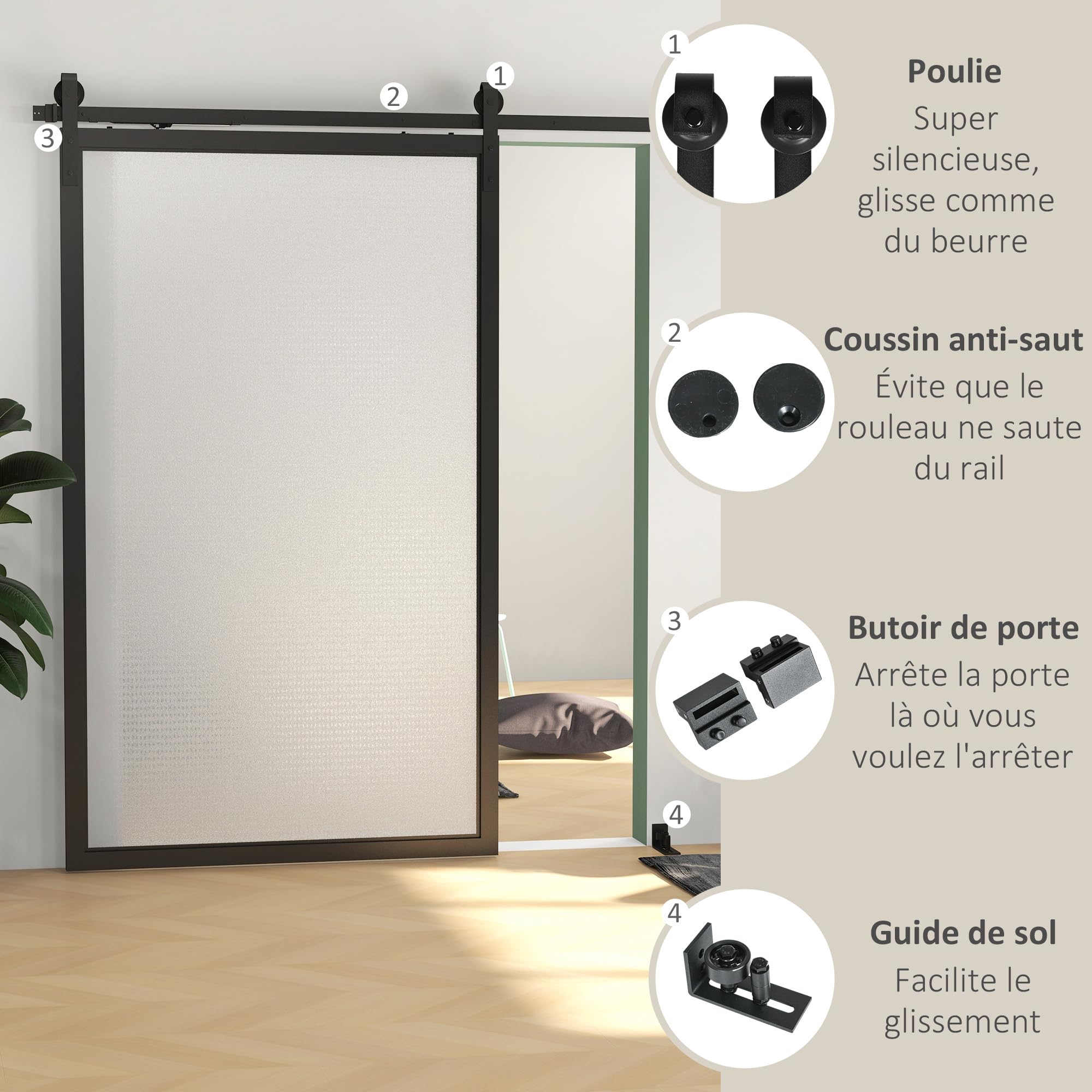 HOMCOM 244 CM quincaillerie de porte coulissante sans perçage kit de rail pour porte de grange simple en acier avec cintre en forme de J - noir