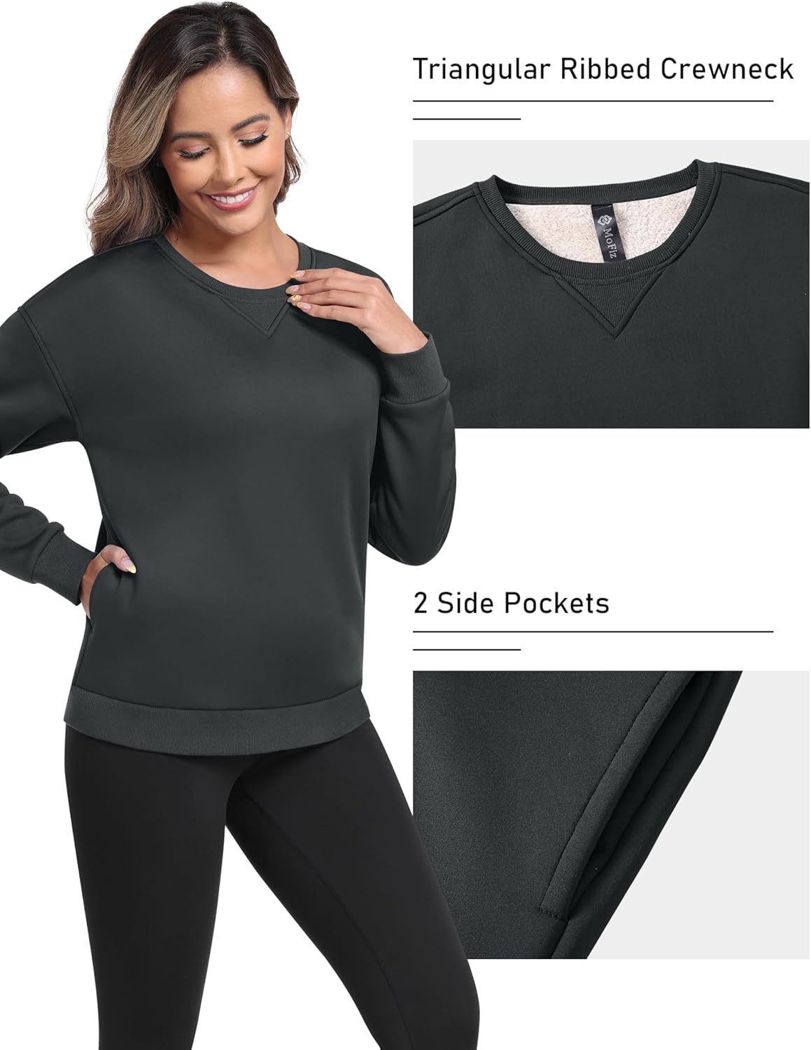 MoFiz Women's Fleece Lined Crewneck Sweatshirts Sherpa Lined Pullover Winter Warm Long Sleeve Casual Tops with Pockets - Image 3