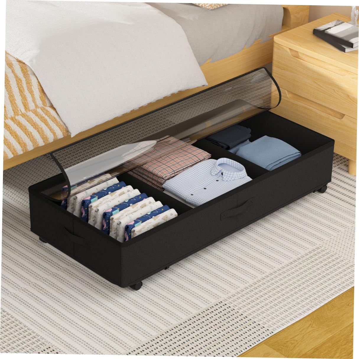 Bed Storage Organizer with Wheels Oxford Fabric 3-grid Large Capacity Storage Bin for Clothes Quilts Dustproof Sliding for Bedroom