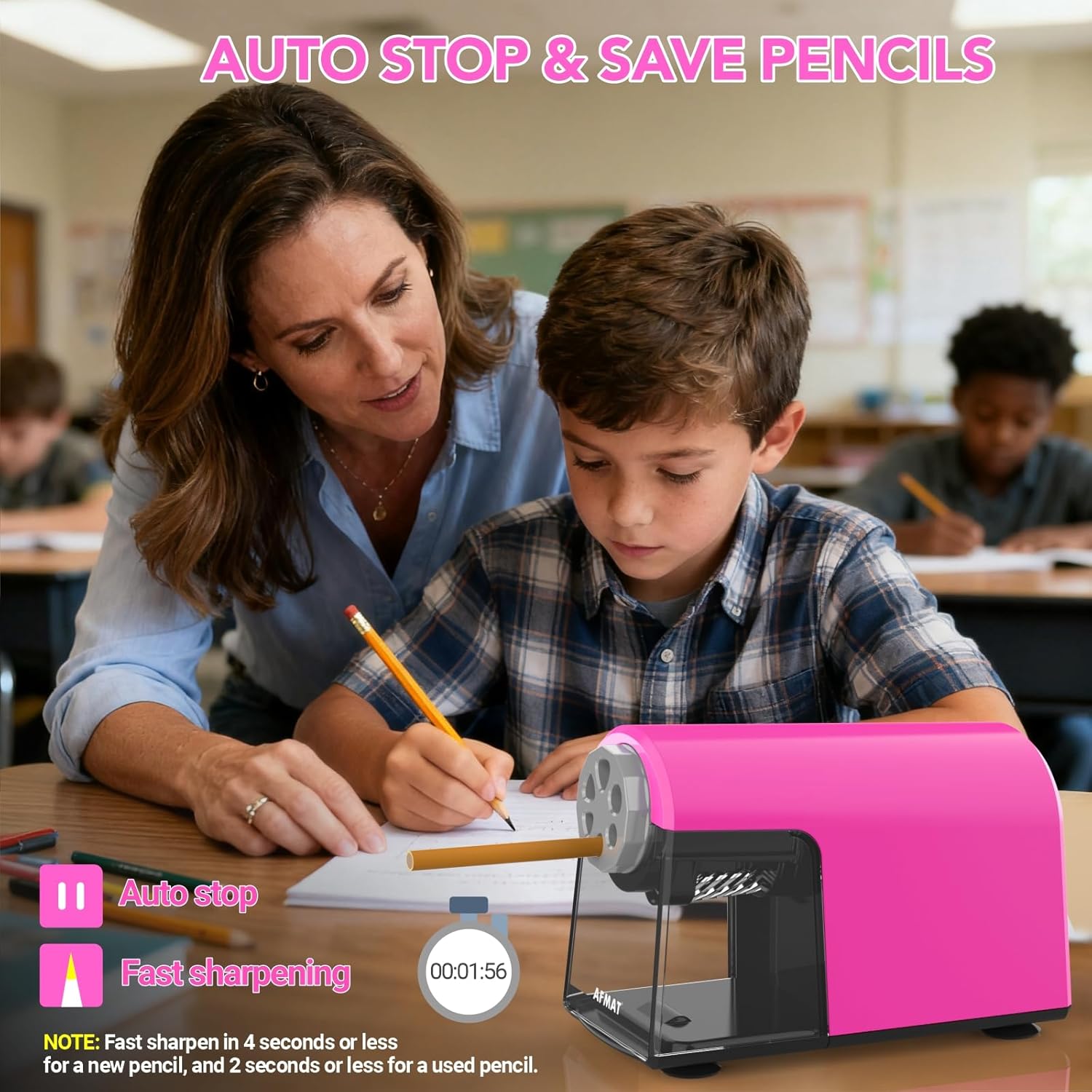 AFMAT Electric Pencil Sharpener for Classroom, 6 Holes, Cordless & Rechargeable, Fast Sharpen, Auto Stop, 10K+ Uses, Heavy Duty Pencil Sharpener for 6-11mm No.2/Large/Colored Pencils PSD2(Pink)