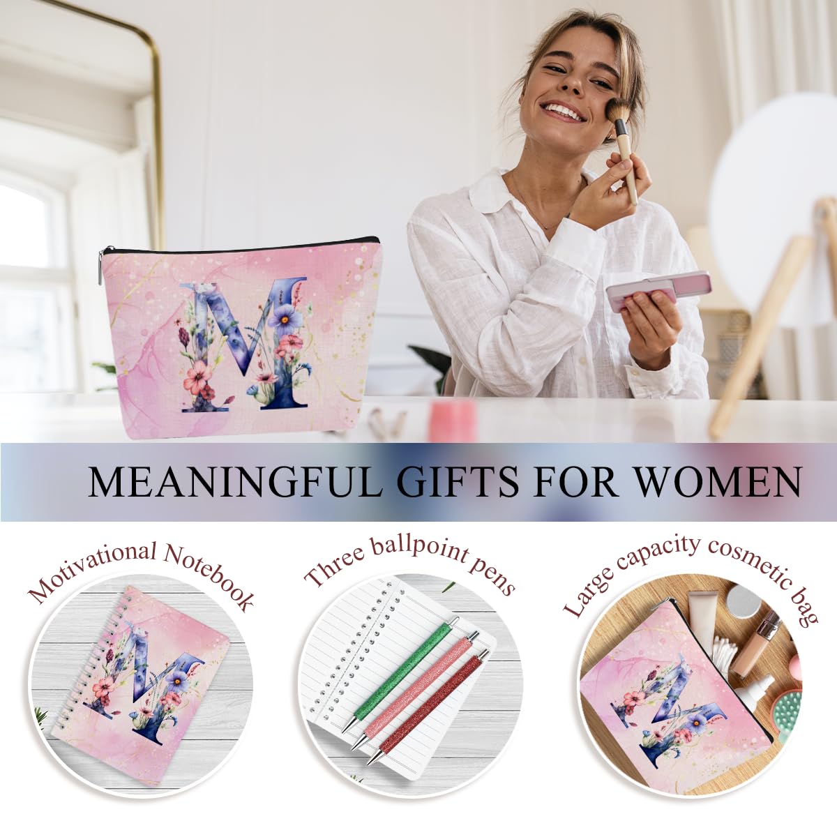 Personalized Gifts Monogrammed Birthday Gifts for Women, Her, Teacher Mother in Law Wedding Christmas Initial 20 oz Tumbler, Makeup Bag Cup Pens Journal Notebook 6 Set, (Aesthetic Pink Flower M)