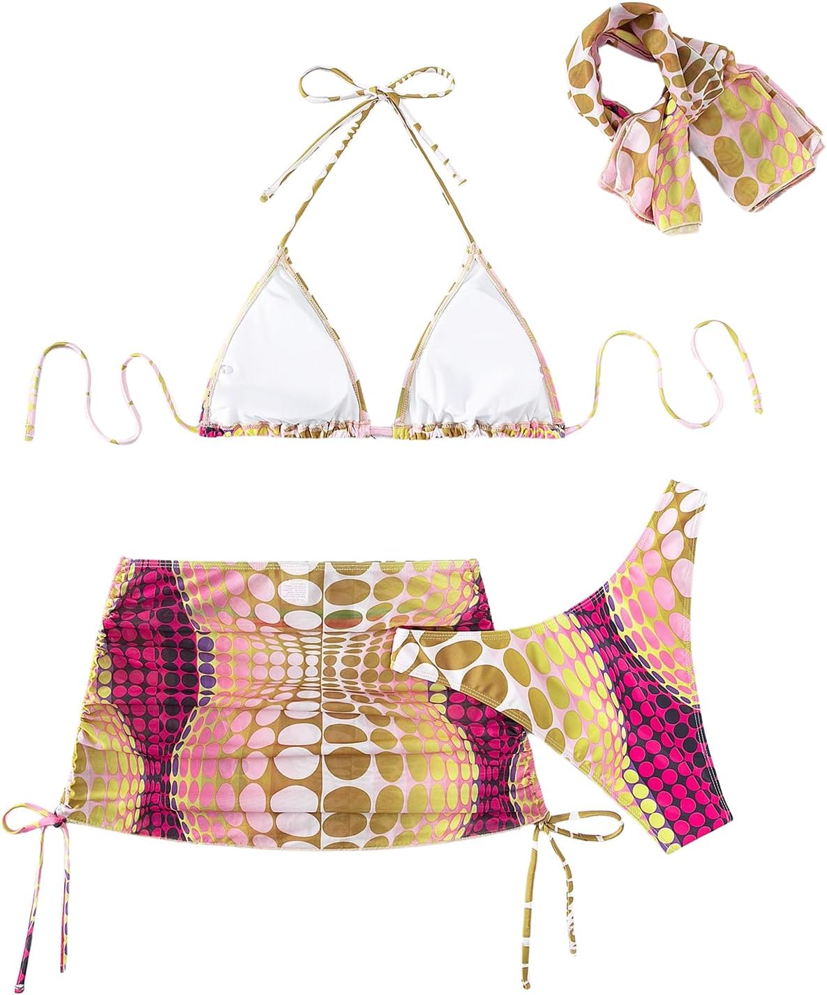 RoseSeek Women's 4 Piece Swimsuits Halter Triangle Bikini Sets Bathing Suit with Mesh Cover Up Skirt & Bandana