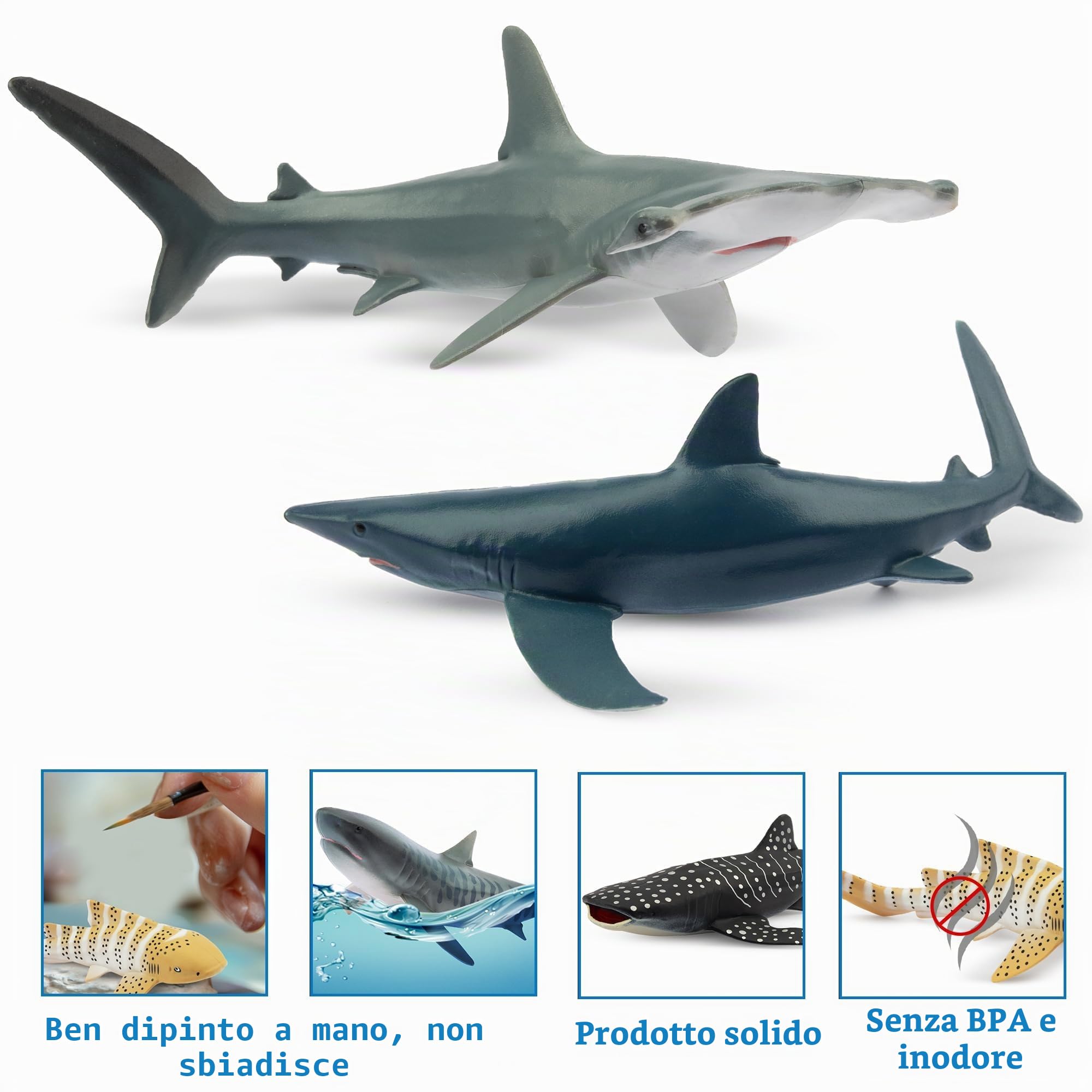 TOYMANY Set di 6 personaggi di squalo con animali marini, giocattolo da 12 a 14 cm, realistico, giocattolo di squalo per bambini, per giocare o come decorazione
