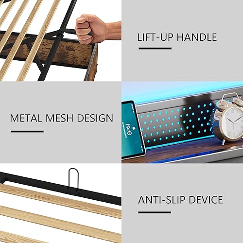 Miniatura 27 de Base de cama de almacenamiento elevable de tamaño matrimonial con luces LED, cabecera tapizada de lino con estación de carga, marco de cama de