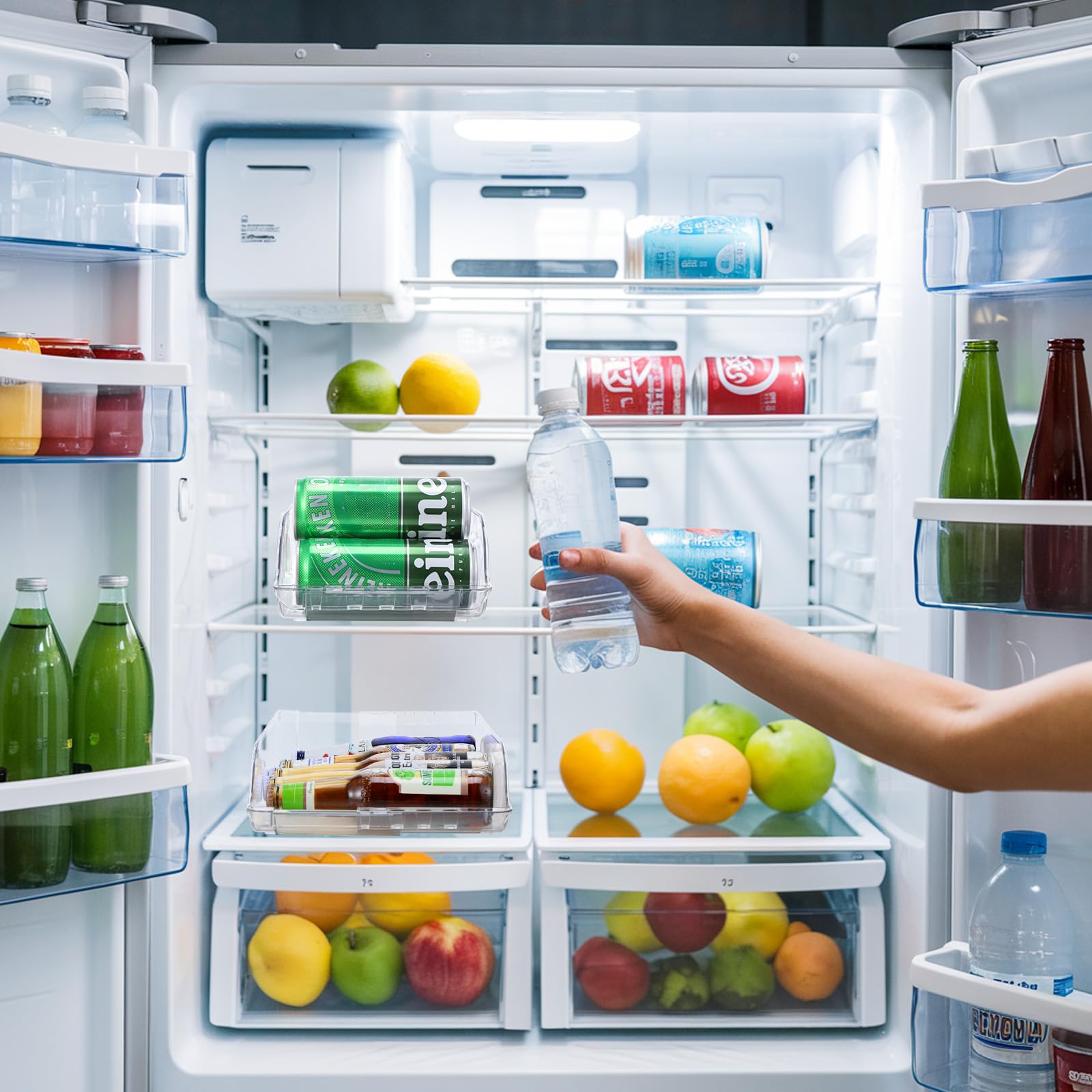 Paquete de 2 organizadores de latas de refrescos de ancho transparente ajustable para refrigerador, dispensador de latas de refresco expandible para cerveza, refrescos, seltzer, pop, organizador para